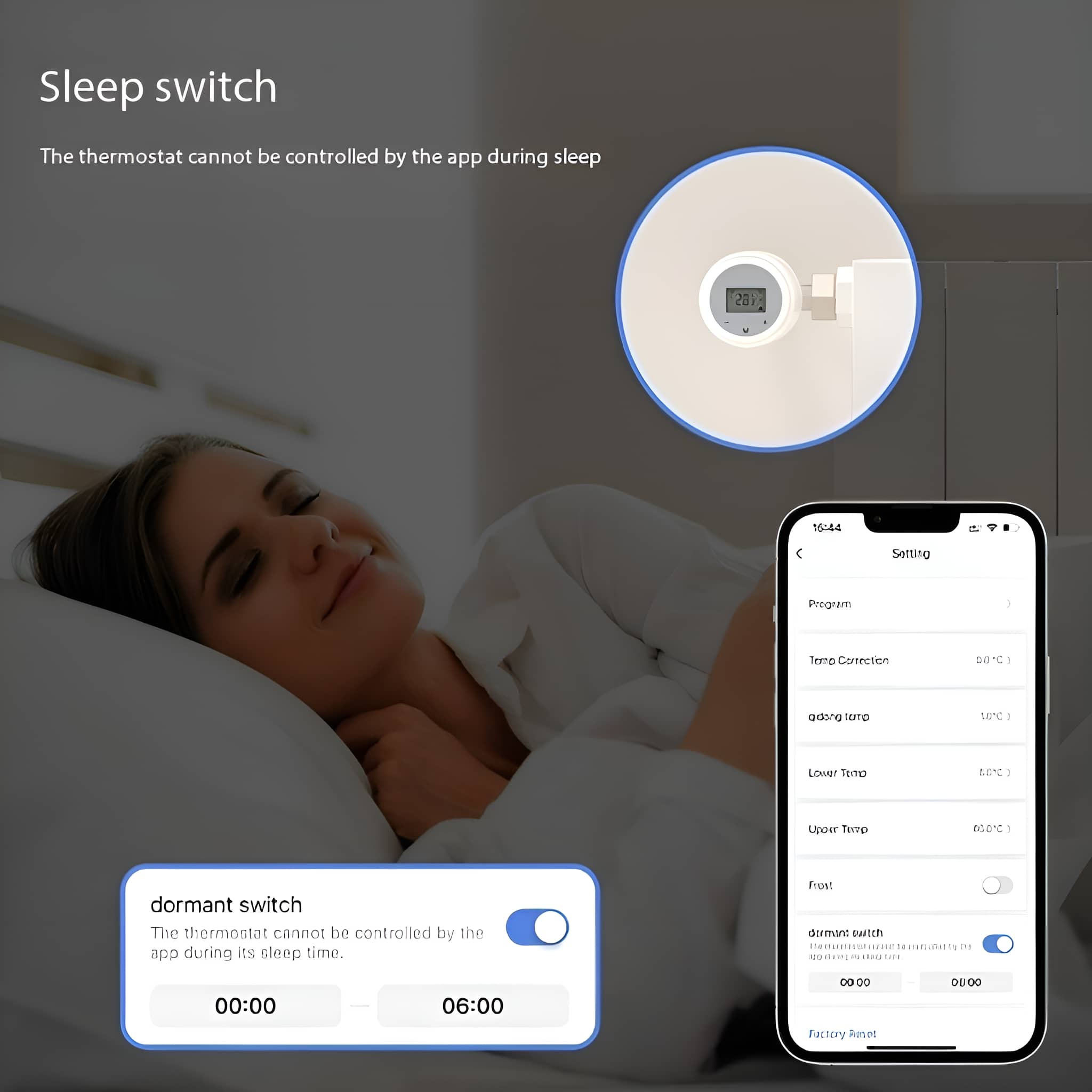 Eine schlafende Frau mit einem Smart Device, das die Schlafschalterfunktion anzeigt. Thermostat an der Wand.