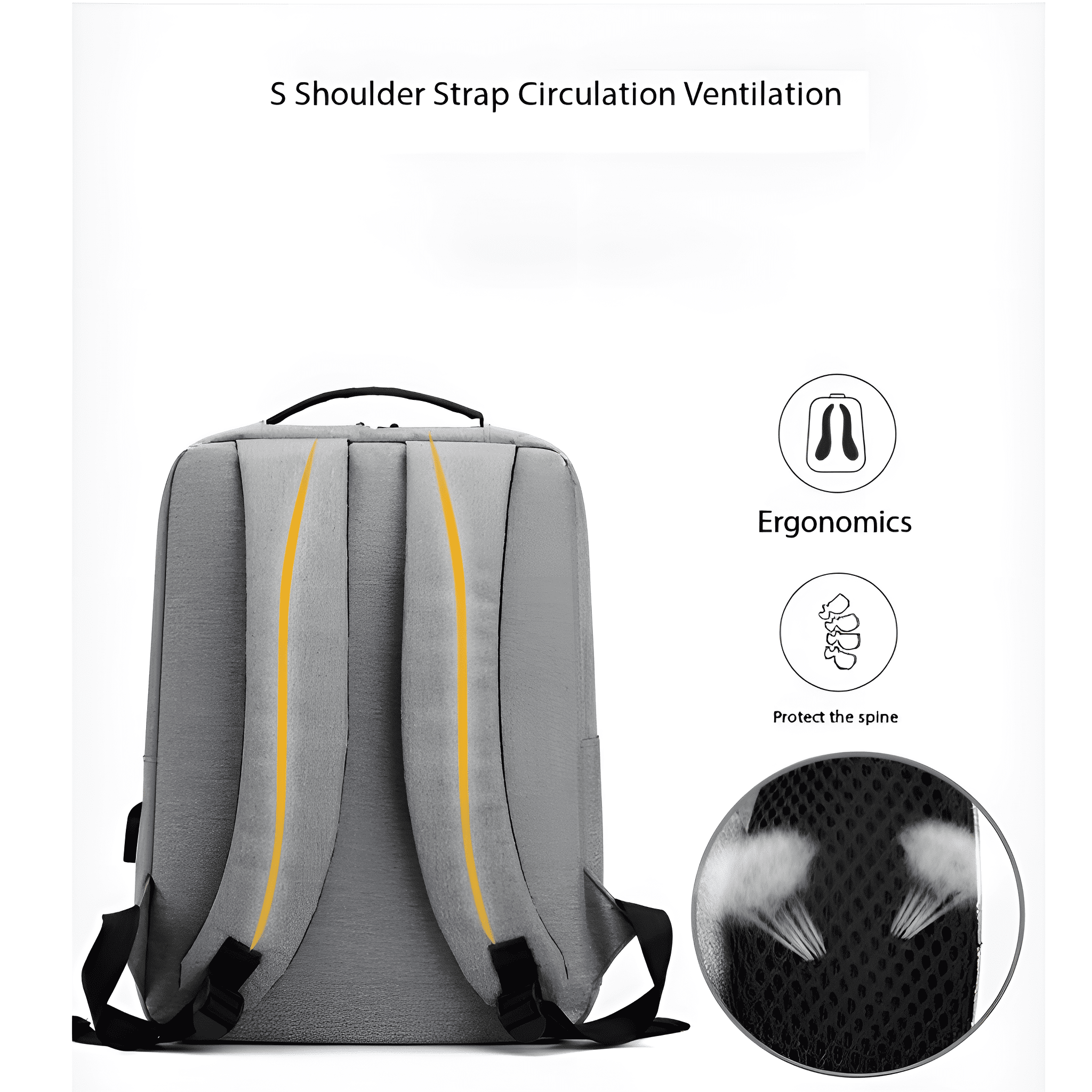 Grauer Rucksack mit gelben Akzenten. Diagramme zeigen Ergonomie und Rückenbelüftung.