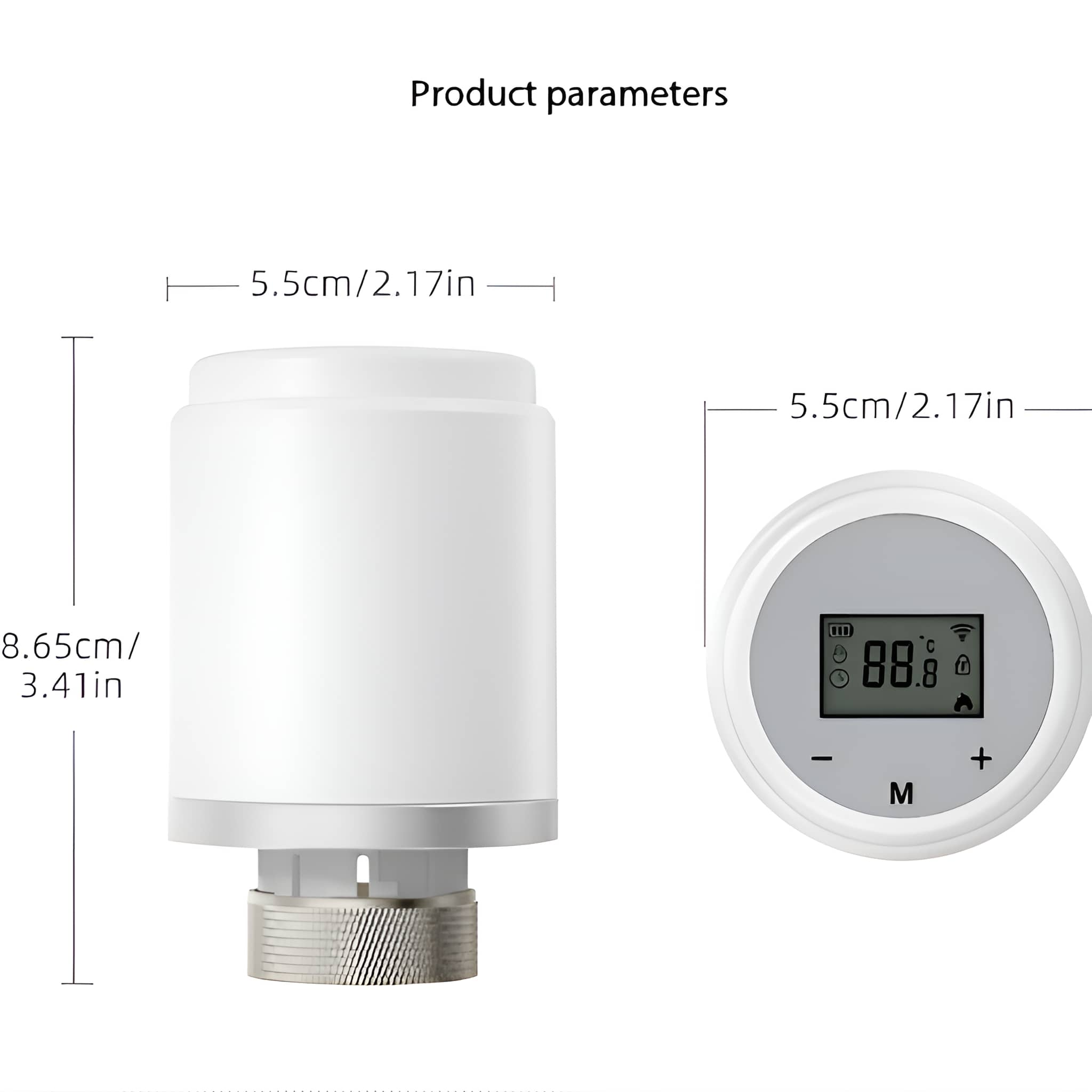 Weißes Thermostat mit zylindrischem Oberteil und Digitalanzeige. Abmessungen sind angegeben.