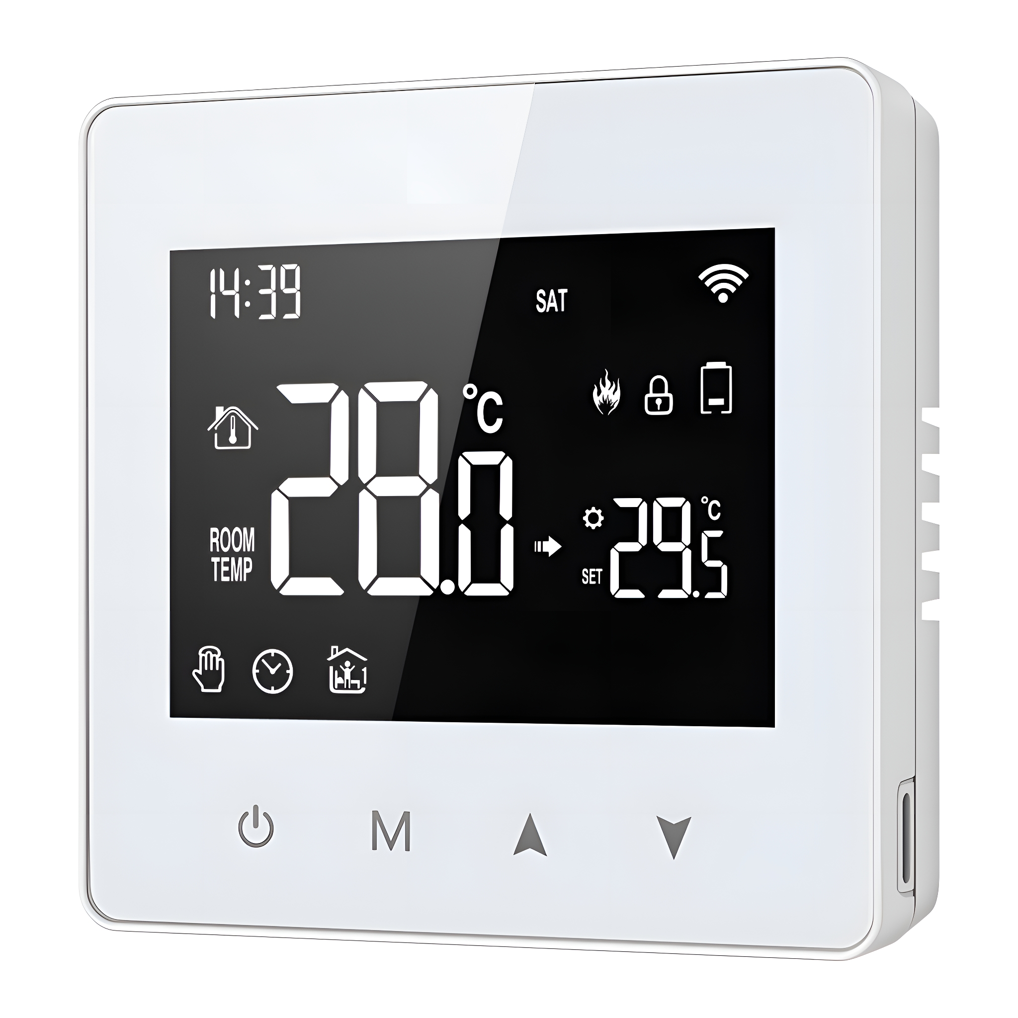 Ein weißes digitales Thermostat mit Anzeige von Raum- und Soll-Temperatur.