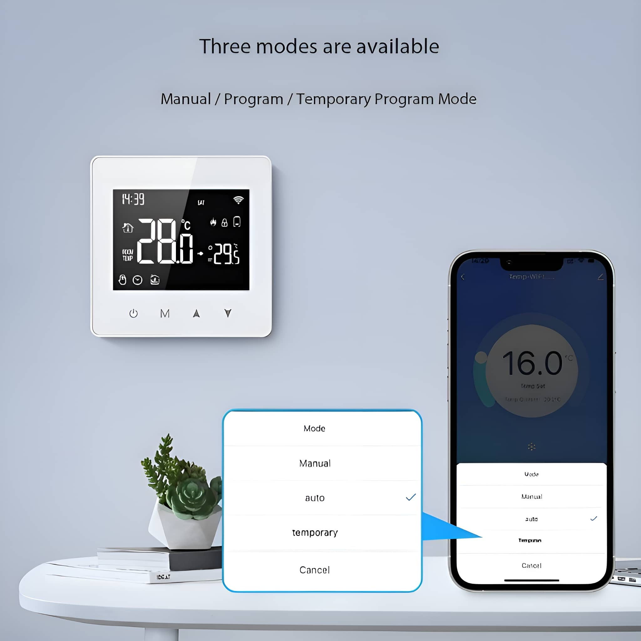 Ein Thermostat mit Bildschirm und ein Smartphone, das ein Menü anzeigt. Optionen: manuell, automatisch und temporär.