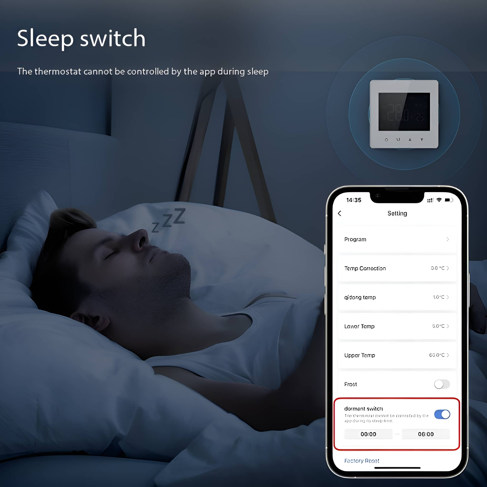 Ein Mann schläft im Bett mit einem Telefon, das Einstellungen für einen Schlafschalter zeigt.