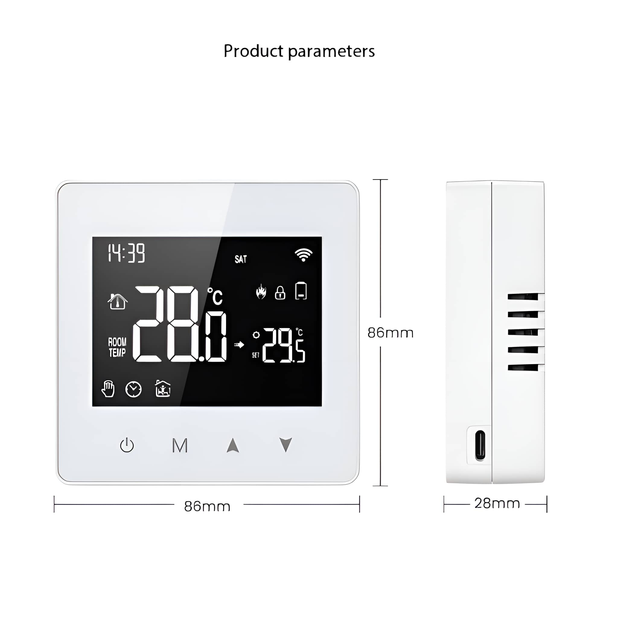 Weißer Thermostat mit Digitalanzeige, die Zeit und Temperatur anzeigt, neben einer Seitenansicht des Geräts.