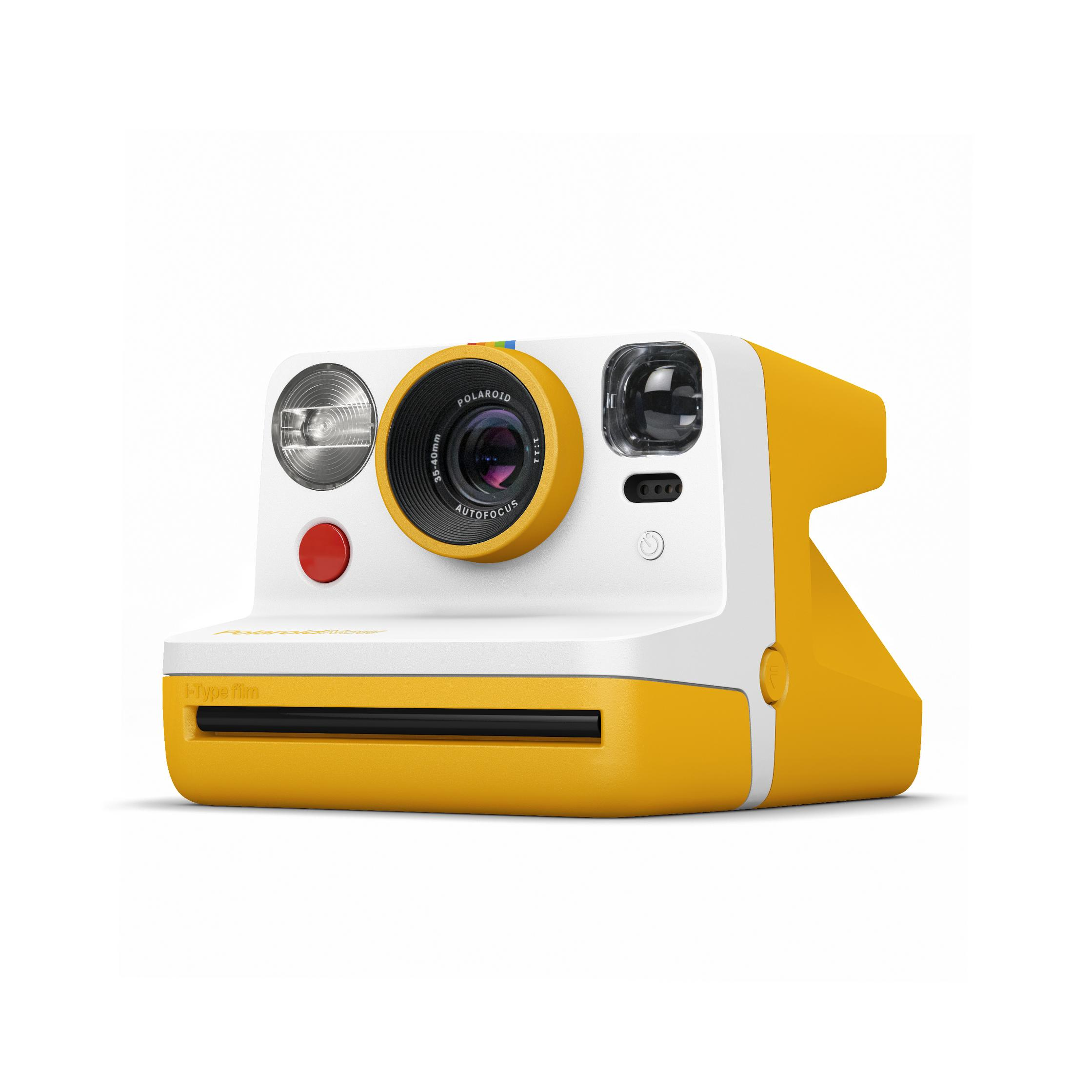 Fotocamera istantanea Polaroid gialla e bianca, con obiettivo e pulsante rosso.