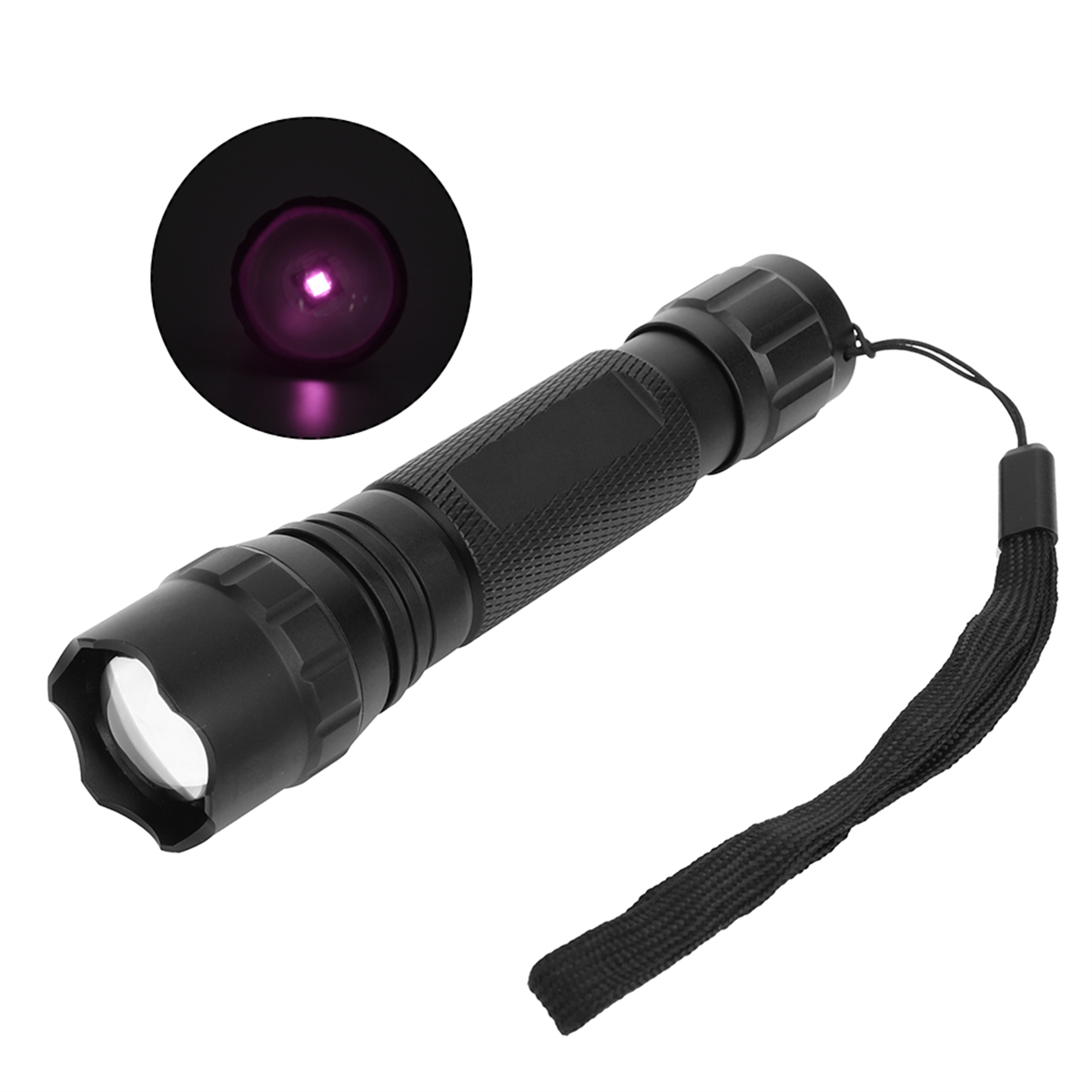 Schwarze Taschenlampe mit violettem Licht, mit schwarzer Handschlaufe.