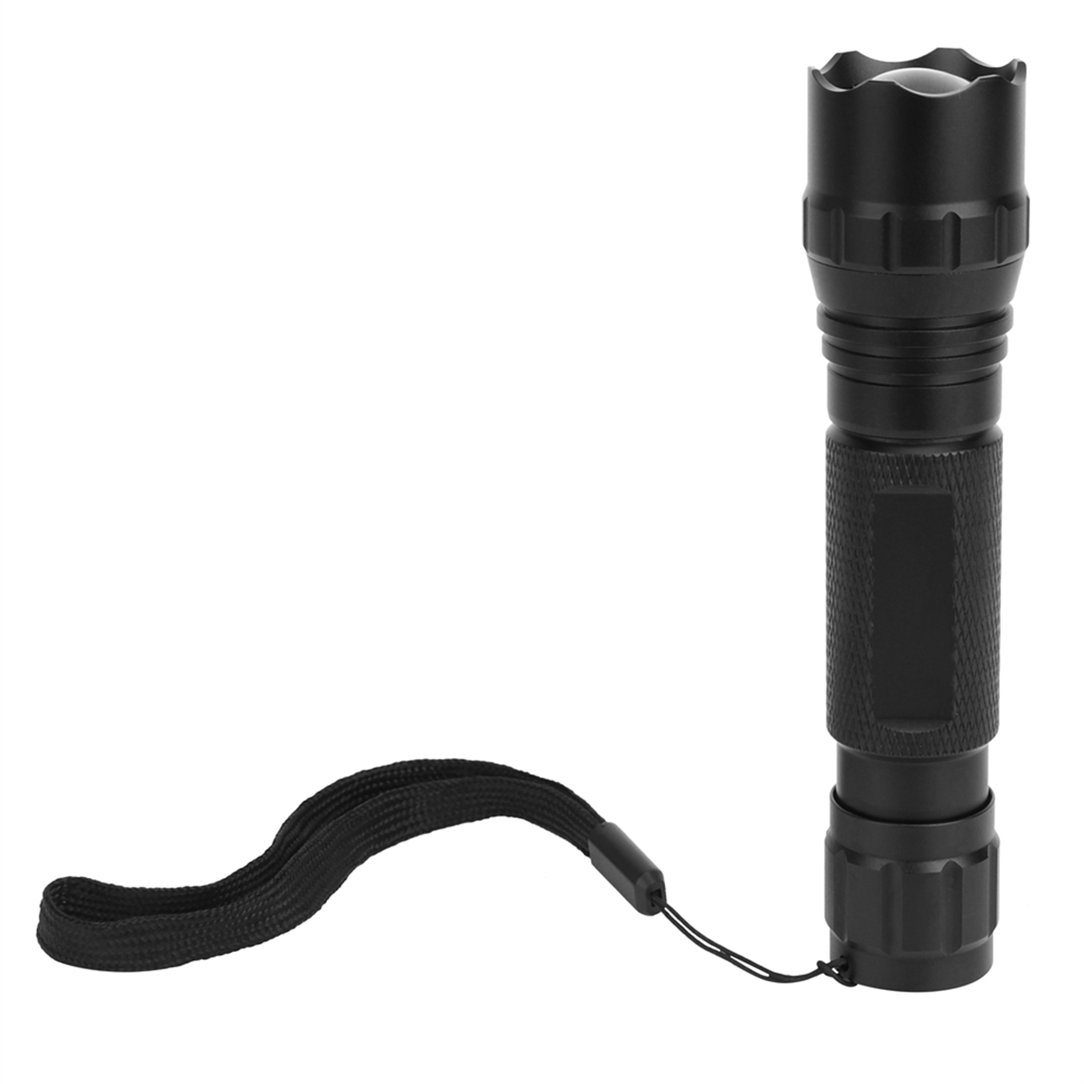 Eine schwarze Taschenlampe mit Handschlaufe. Weißer Hintergrund.