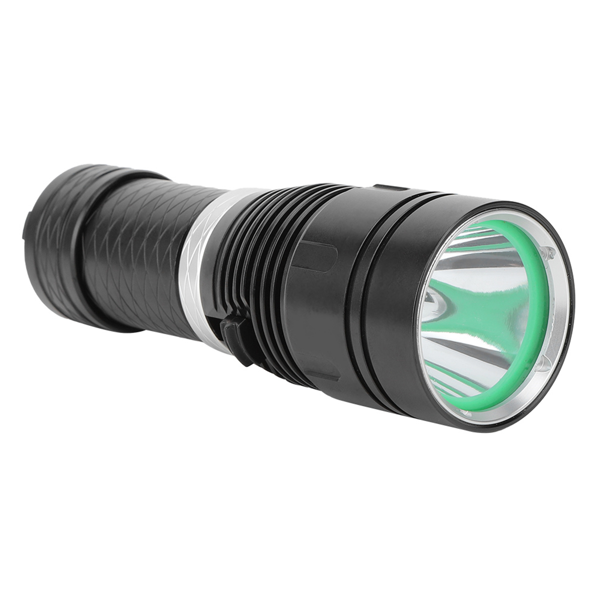 Eine schwarze Taschenlampe mit einem grünen Ring um das Licht. Der Körper ist strukturiert.