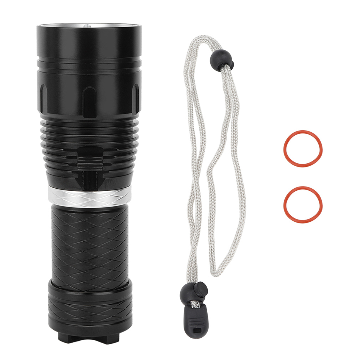 Schwarze Taschenlampe mit grauem Schlüsselband und zwei roten Gummiringen. Weißer Hintergrund.