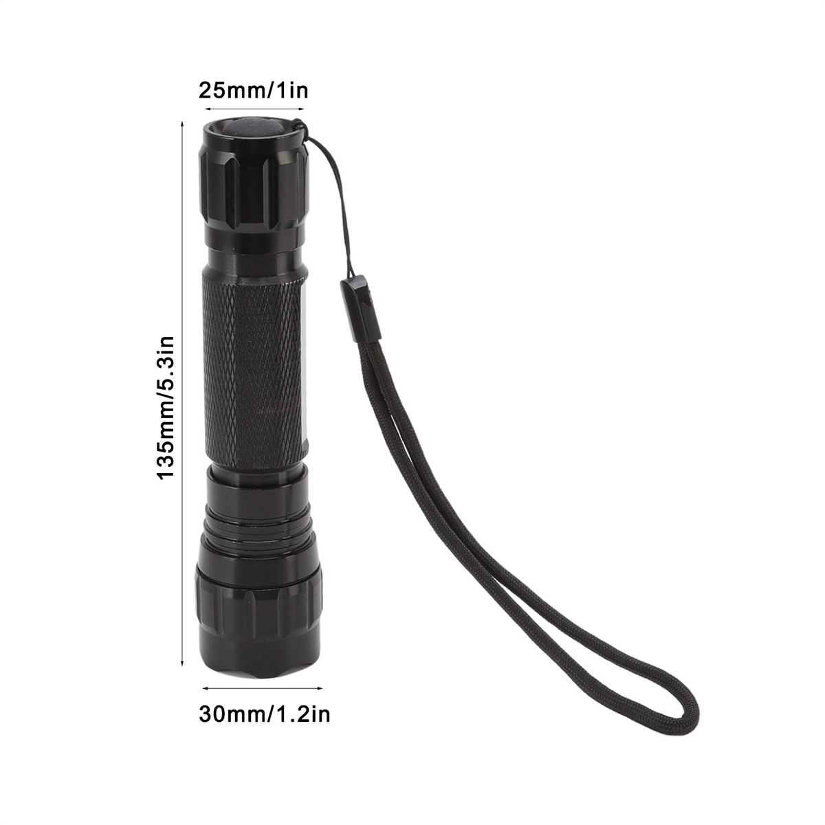 Schwarze Taschenlampe mit Handschlaufe, mit Abmessungen in mm/Zoll. Weißer Hintergrund.