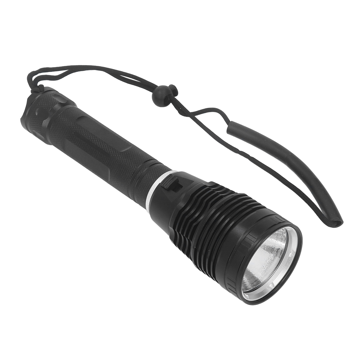 Schwarze Taschenlampe mit Riemen und heller Birne.