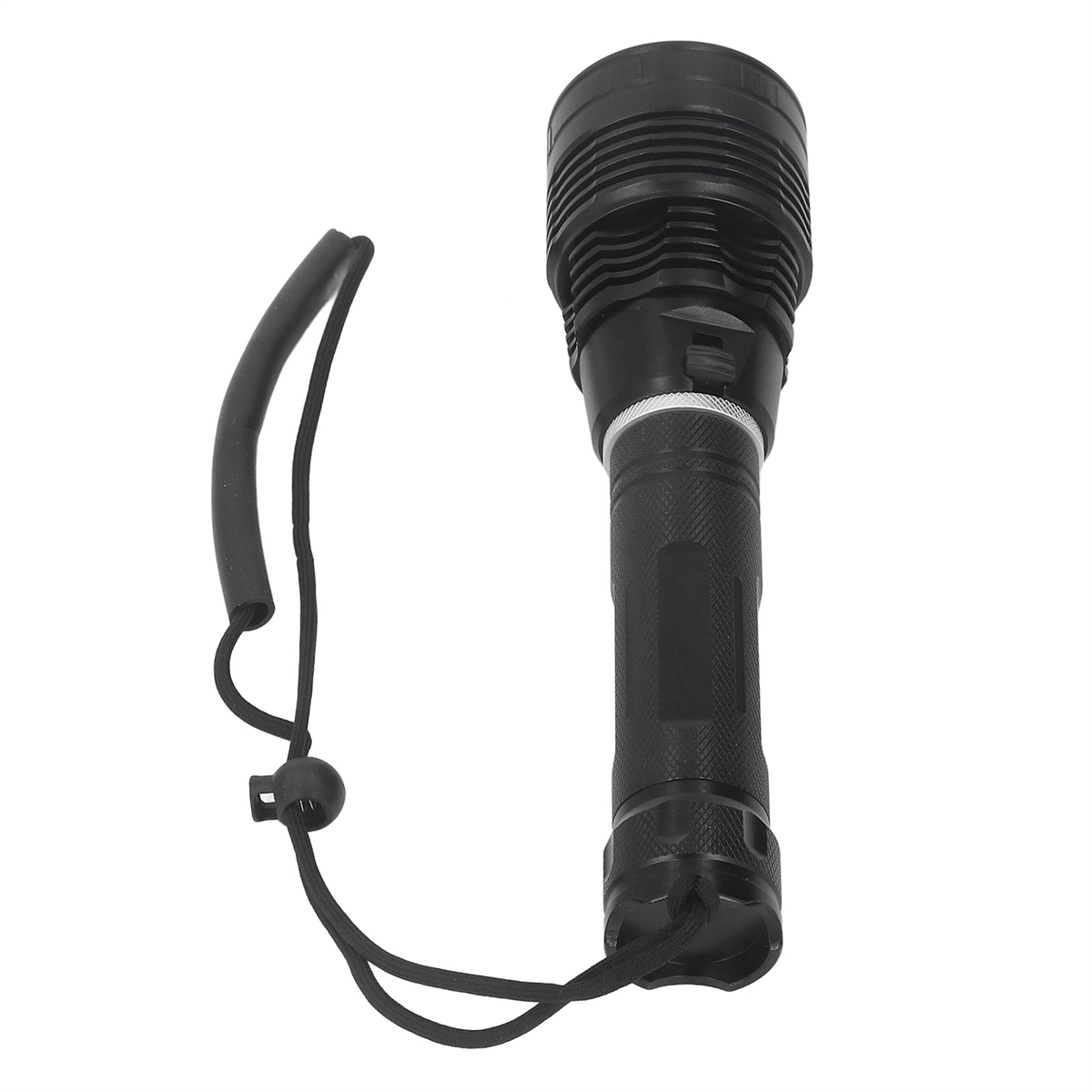Eine schwarze Taschenlampe mit einem schwarzen Riemen, der daran hängt.