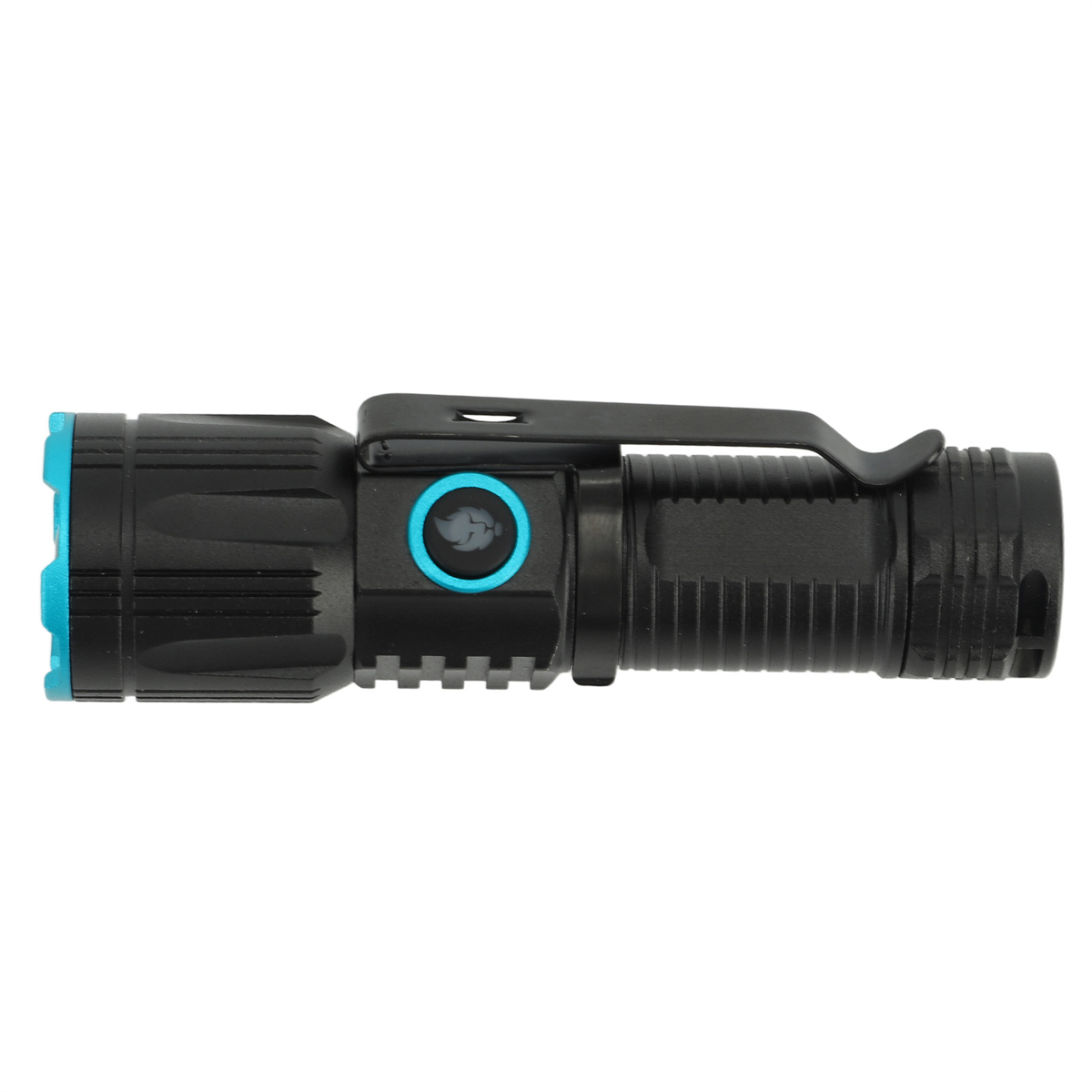 Schwarze Taschenlampe mit blauen Akzenten und Taschenclip.