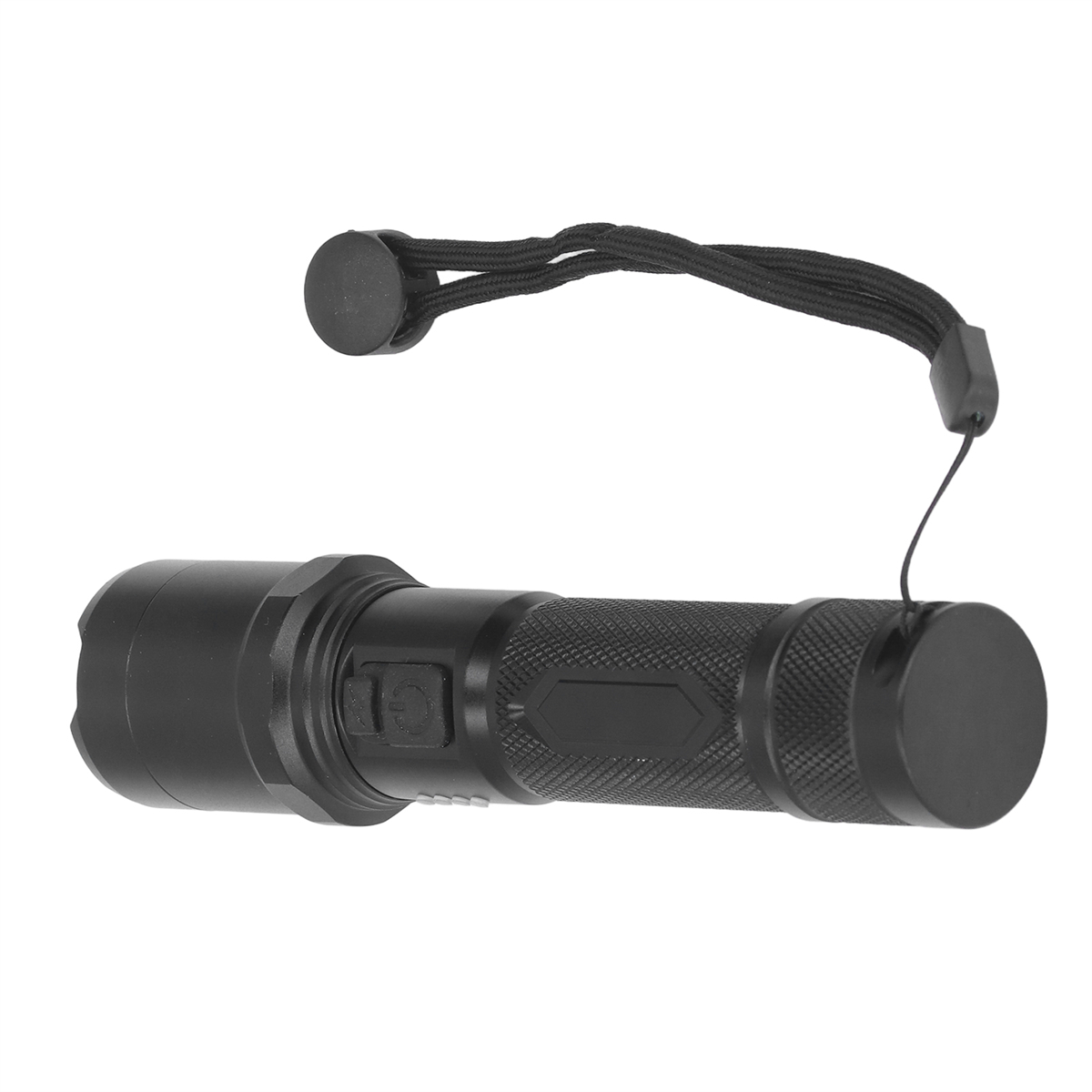 Schwarze Taschenlampe mit Handschlaufe, horizontal liegend.