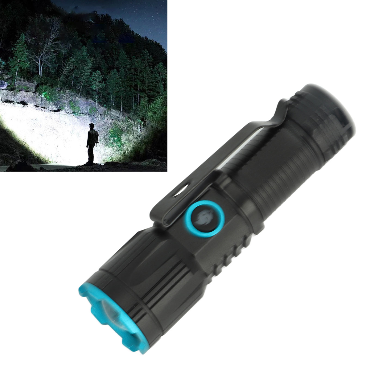 Eine schwarze Taschenlampe mit blauem Rahmen und Lichtstrahl im Dunkeln.