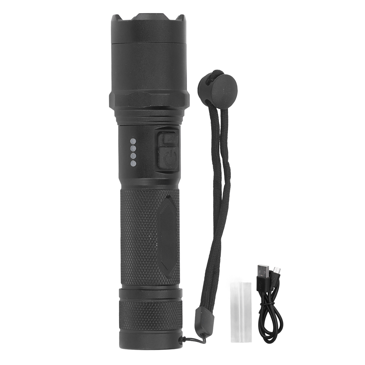 Eine schwarze Taschenlampe mit Gurt, Ladekabel und kleinem Ladeanschluss wird gezeigt.