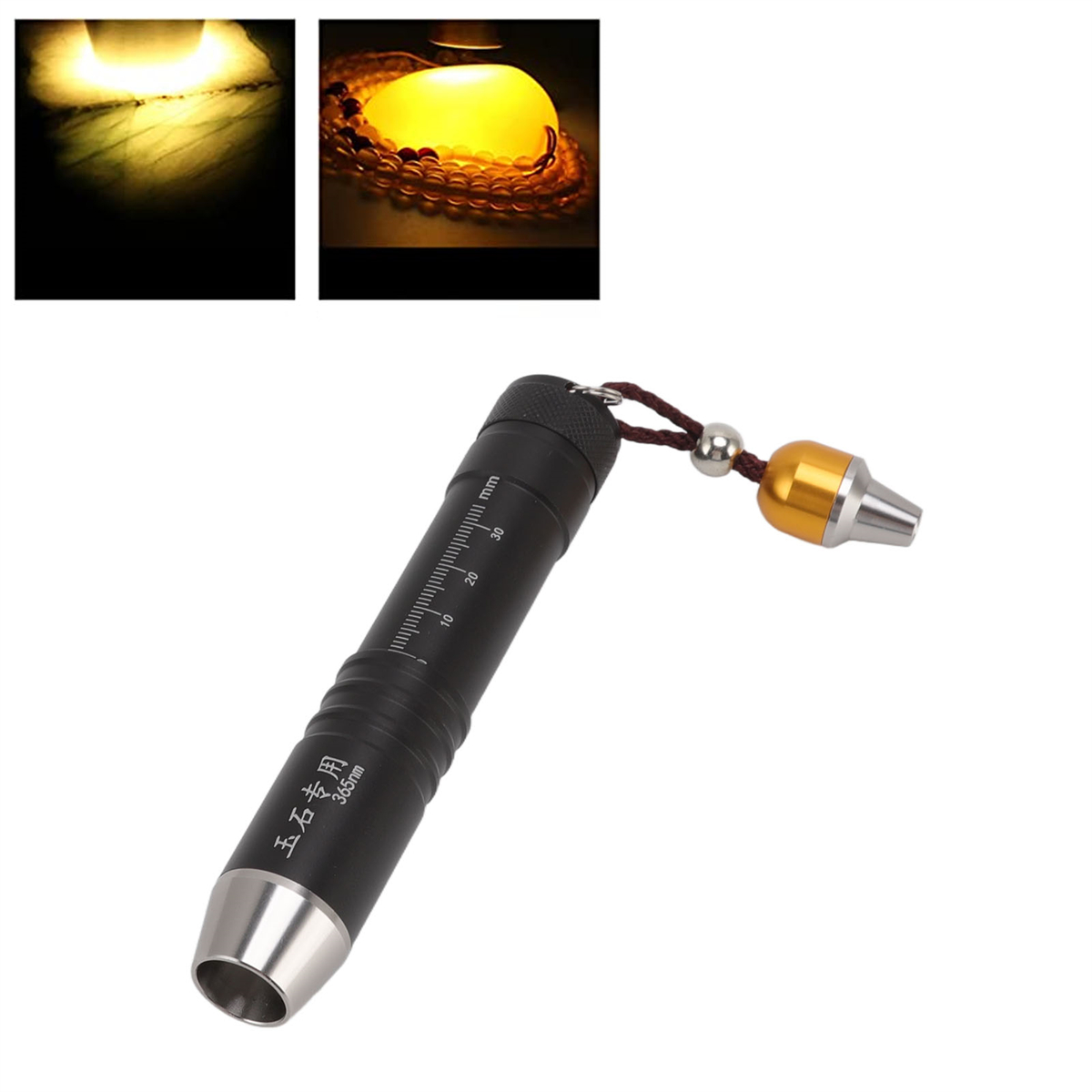 Schwarze Taschenlampe mit Skala, kleinem Lichtstrahl und Halskette mit Perlen.