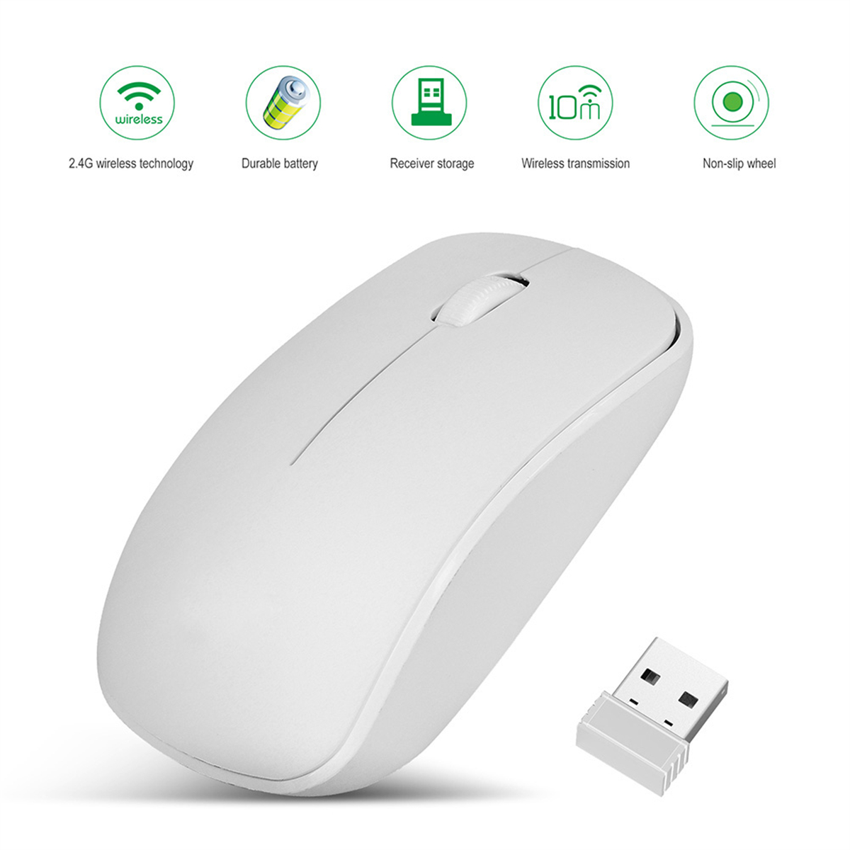 Weiße kabellose Maus mit Empfänger und Symbolen für Funktionen wie kabellos und eine langlebige Batterie.