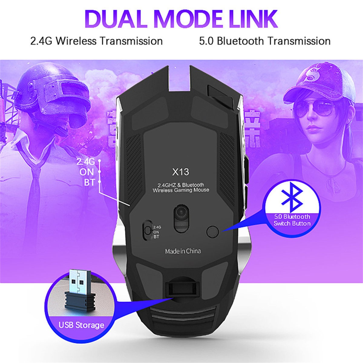 Gaming-Maus mit Dual-Mode-Link. Enthält USB-Speicher und Bluetooth-Schalter. Lila Hintergrund.