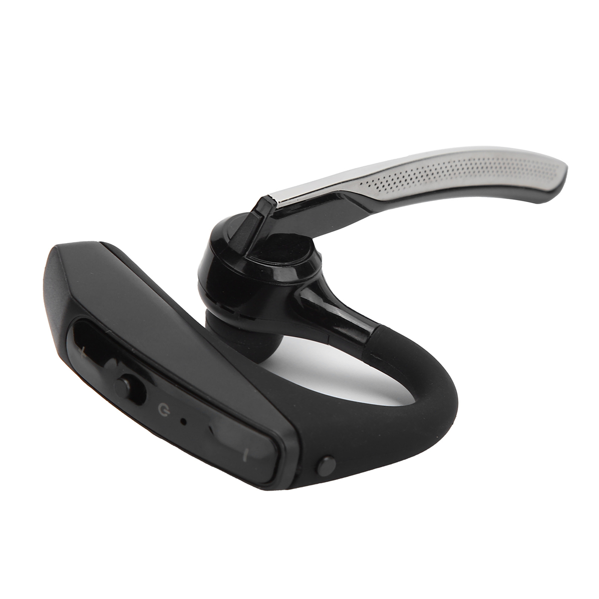 Schwarzes Bluetooth-Headset. Es hat ein Mikrofon und eine Taste. Weißer Hintergrund.