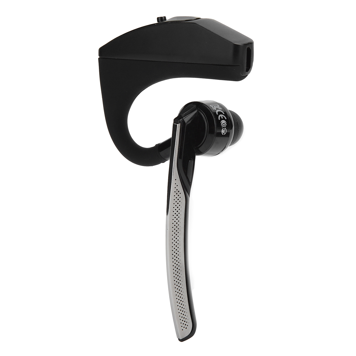 Schwarzes und silbernes Bluetooth-Headset. Es hat ein gebogenes Design mit Mikrofonarm.