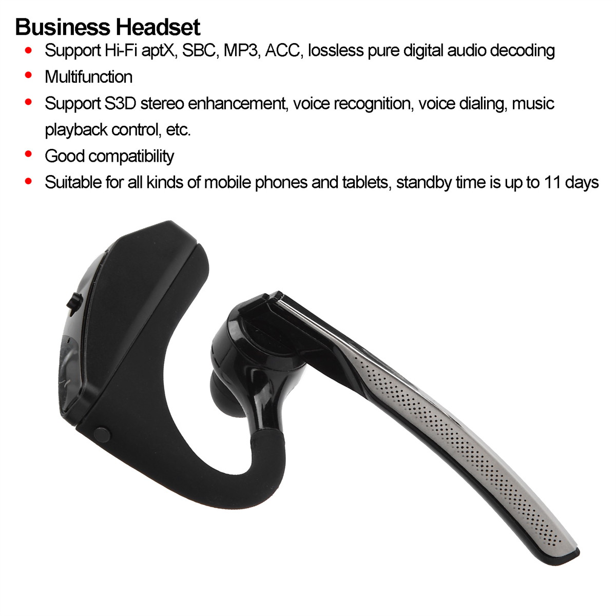 Schwarzes Business-Headset. Es hat ein Mikrofon und einen weißen Ohrhörer.
