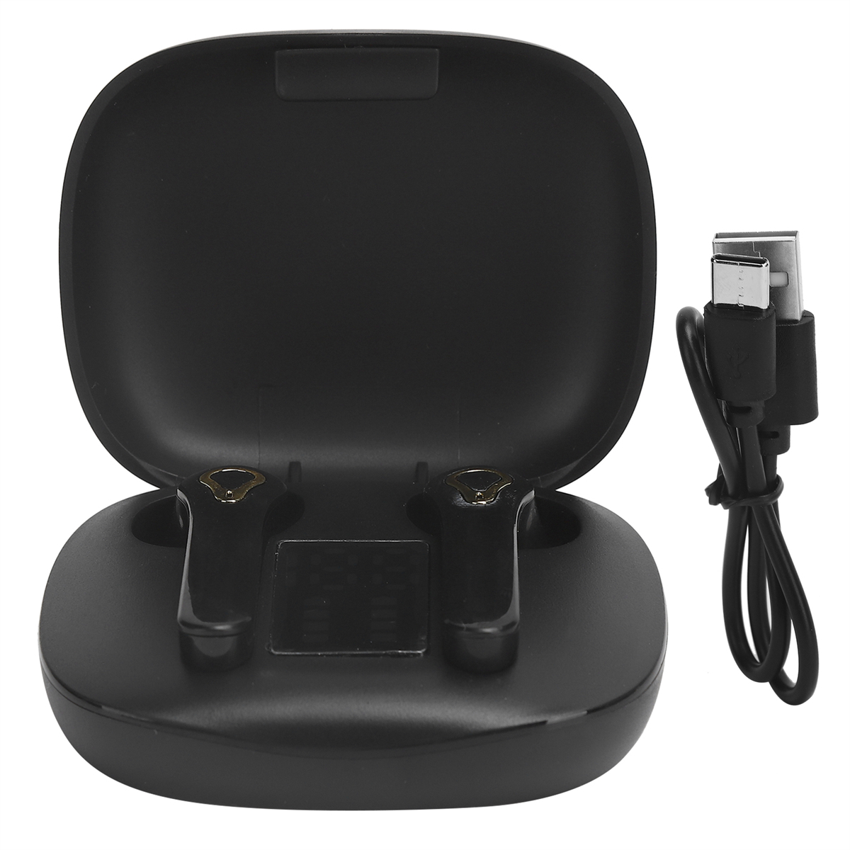 Eine schwarze Ladehülle mit zwei Ohrhörer-Kopfhörern und einem USB-C-Ladekabel.