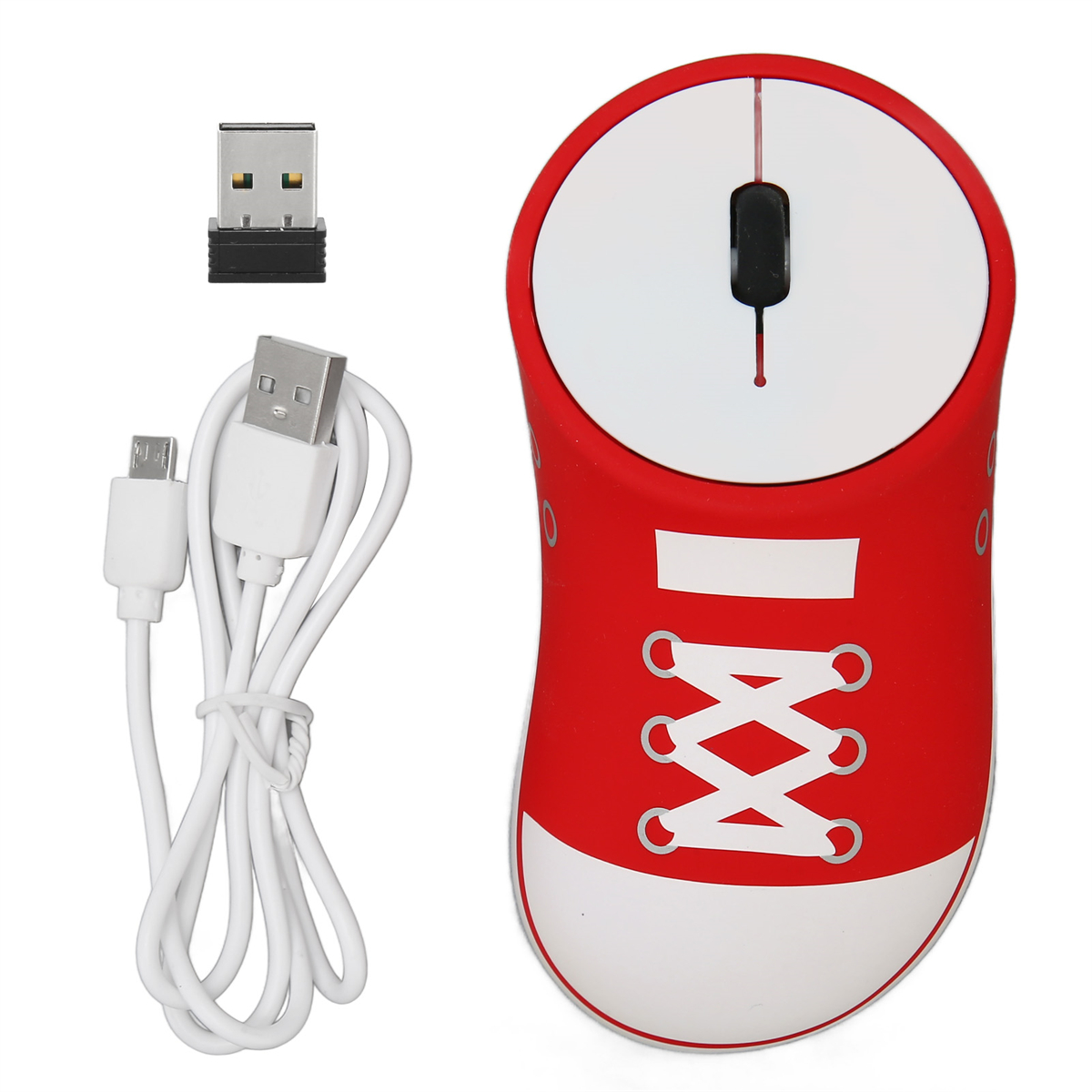 Rote mausförmige Maus mit weißen Schnürsenkeln und einem USB-Kabel.