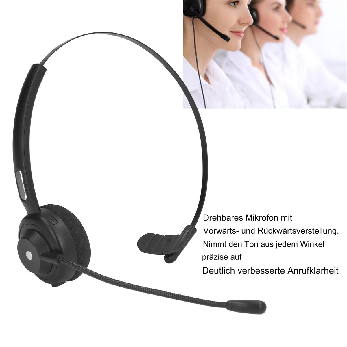 Schwarzes Headset mit Mikrofon und eine Person mit Headset.