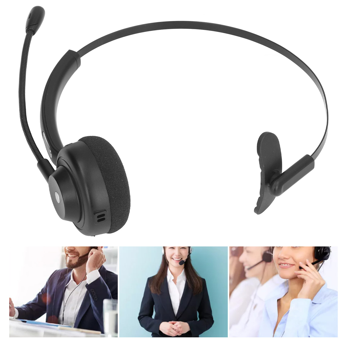 Ein schwarzes Headset mit Mikrofon und drei Bildern von Personen, die Headsets verwenden.