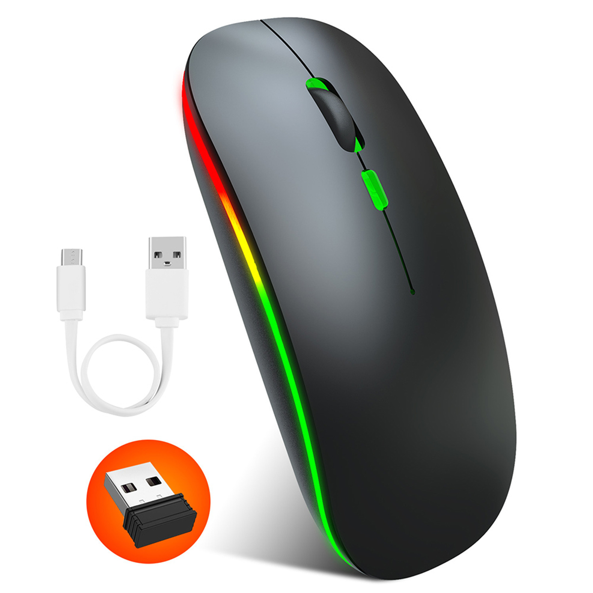 Schwarze Maus mit roten und grünen Lichtern, weißem Kabel und USB-Empfänger.