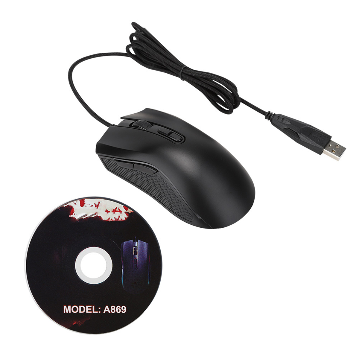 Schwarze Computermaus mit USB-Kabel. Daneben eine CD mit dem Modellnamen aufgedruckt.