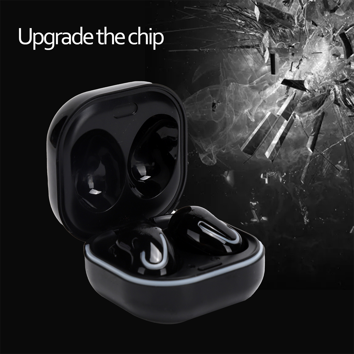 Schwarze Ohrhörer in einer schwarzen Ladehülle. Das Gehäuse ist offen, mit dem Text "Upgrade the chip" darüber.