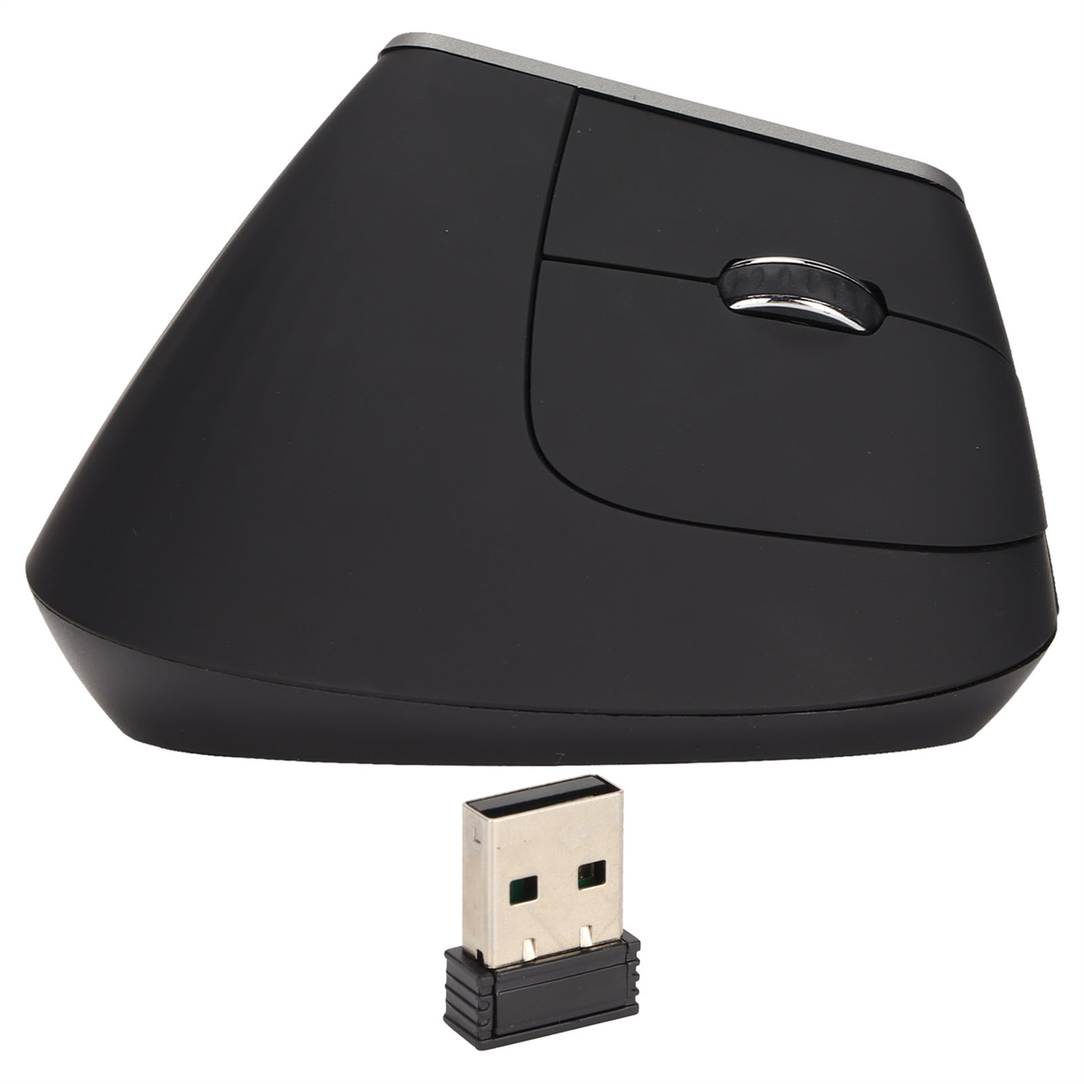 Eine schwarze vertikale Maus mit USB-Empfänger. Die Maus ist ergonomisch.