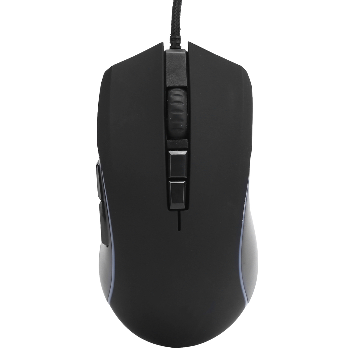 Eine schwarze Computermaus mit zwei Seitentasten und einem Scrollrad. Es ist weiß.