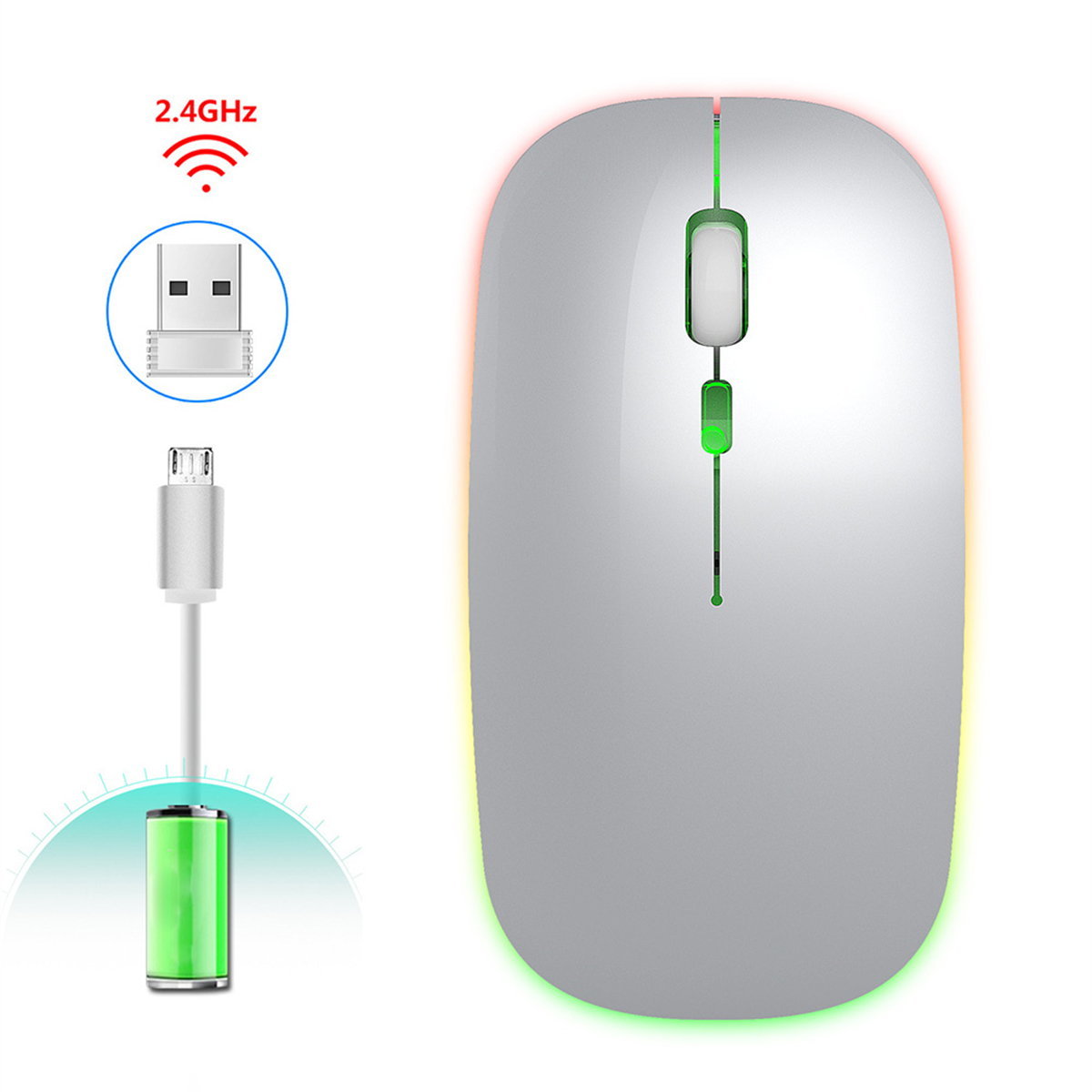 Weiße und graue kabellose Maus. Zeigt USB-Empfänger und Ladekabel.