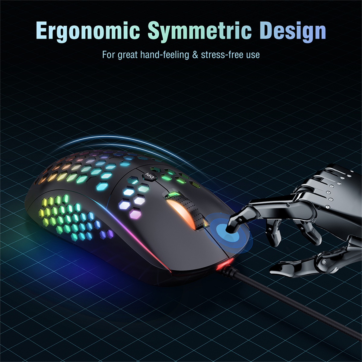 Schwarze Gaming-Maus mit RGB-Beleuchtung. Der Hintergrund ist ein Tech-Design.