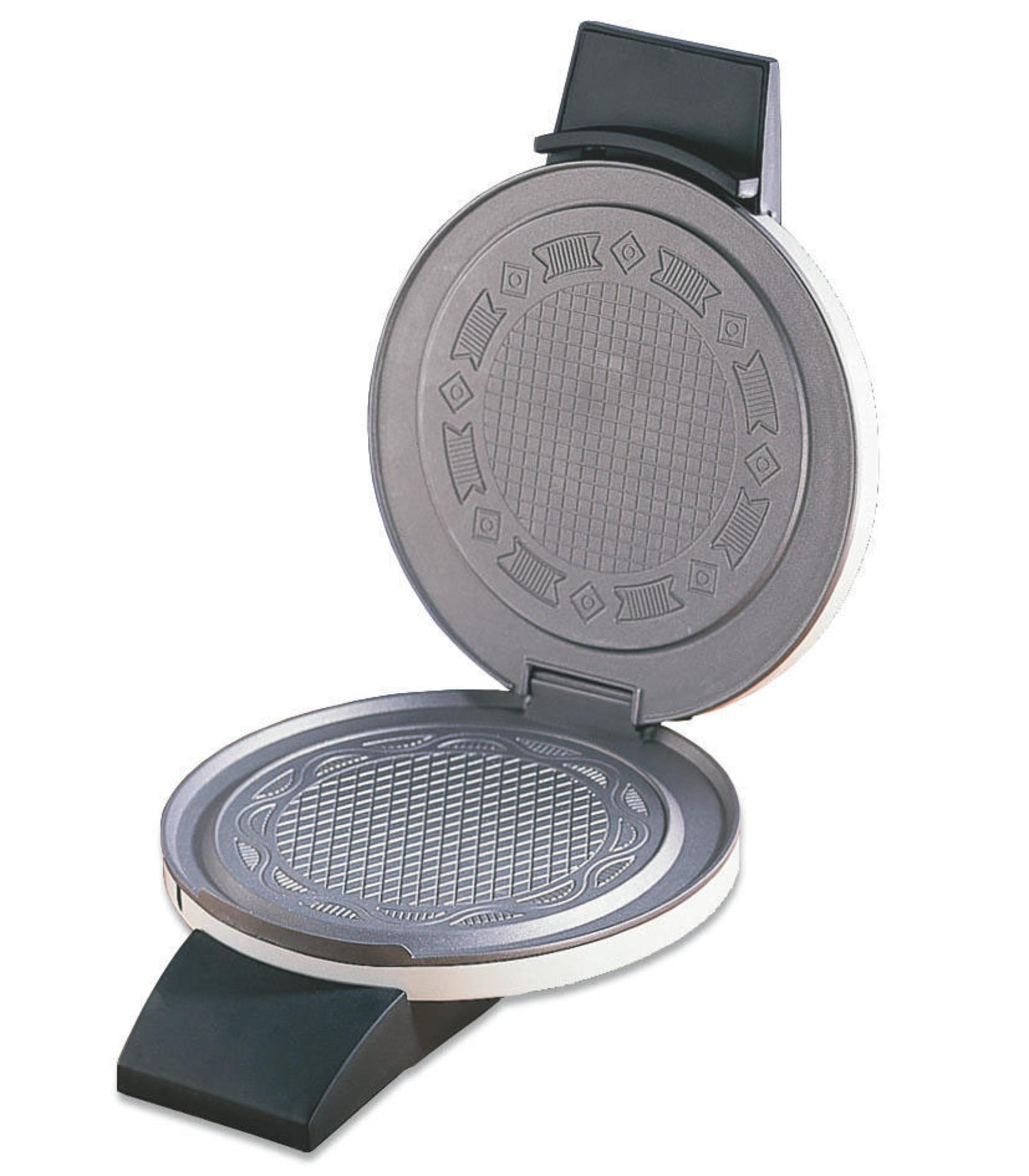 Otwarta gofrownica. Górna płyta jest podniesiona. Płyty są szare ze wzorem gofra.