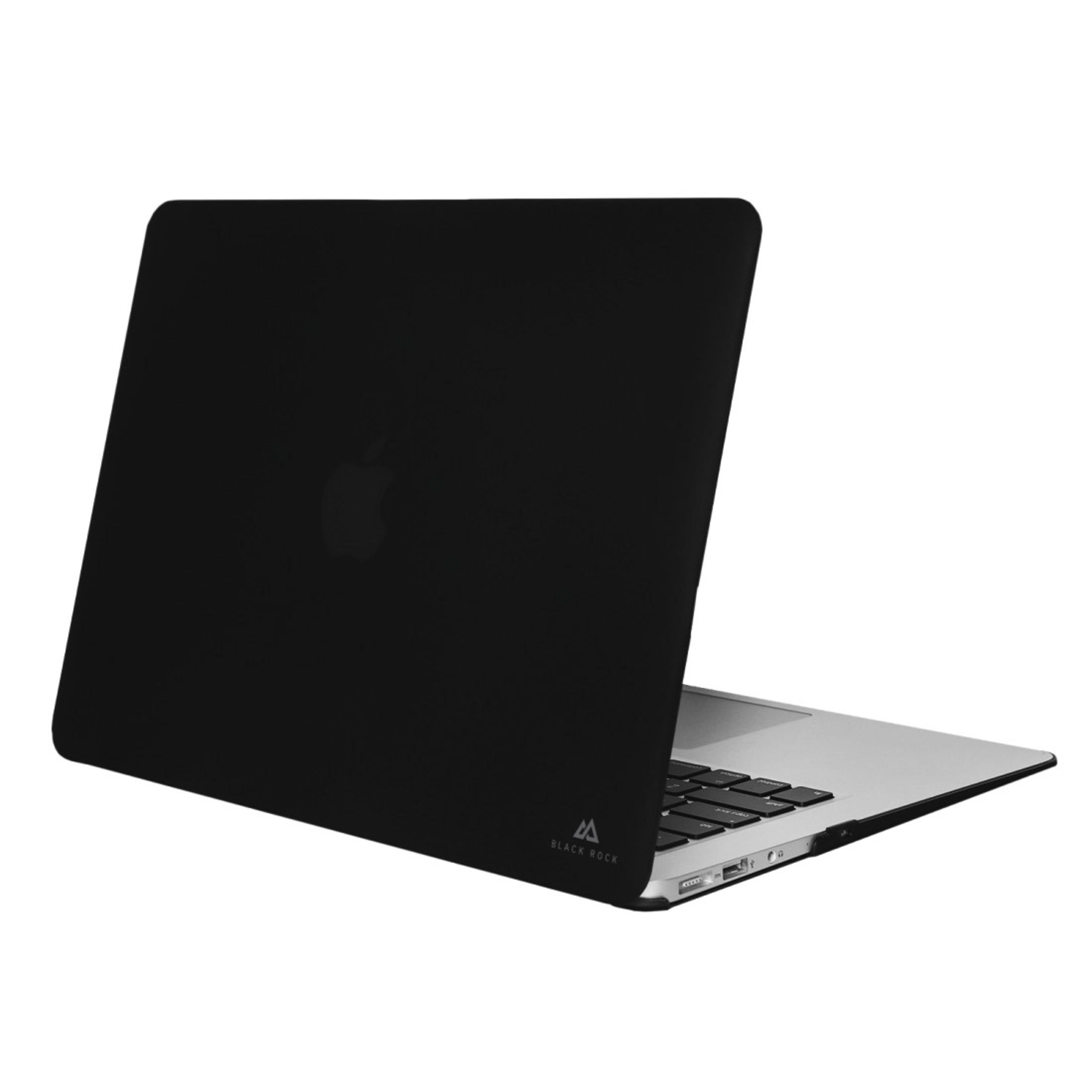 Laptop nero con logo Apple. È su sfondo bianco. Il coperchio è chiuso.