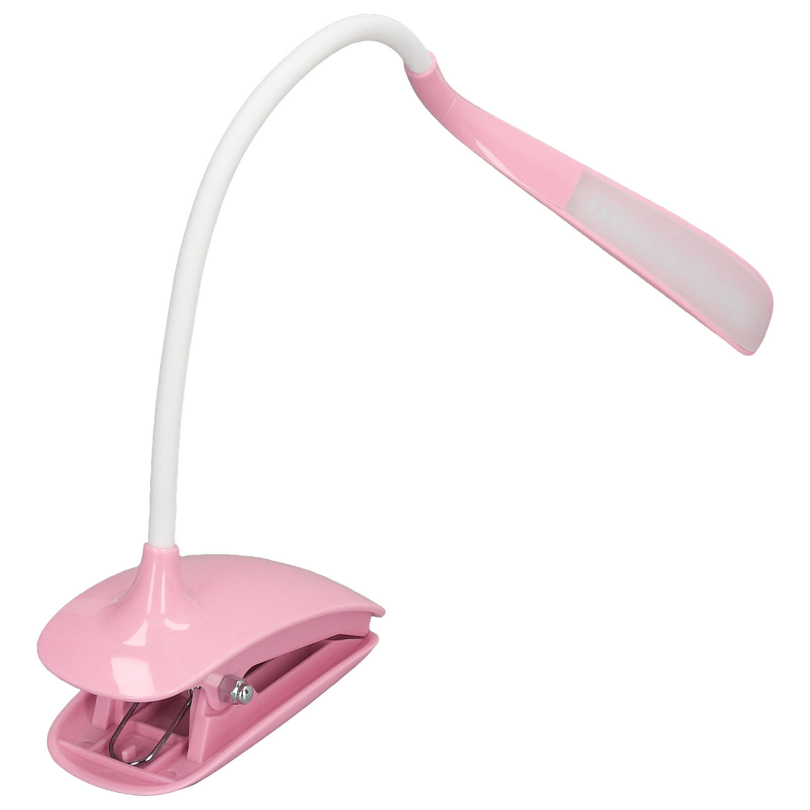 Rosa Schreibtischlampe mit flexiblem weißen Hals und Clip-on-Sockel.