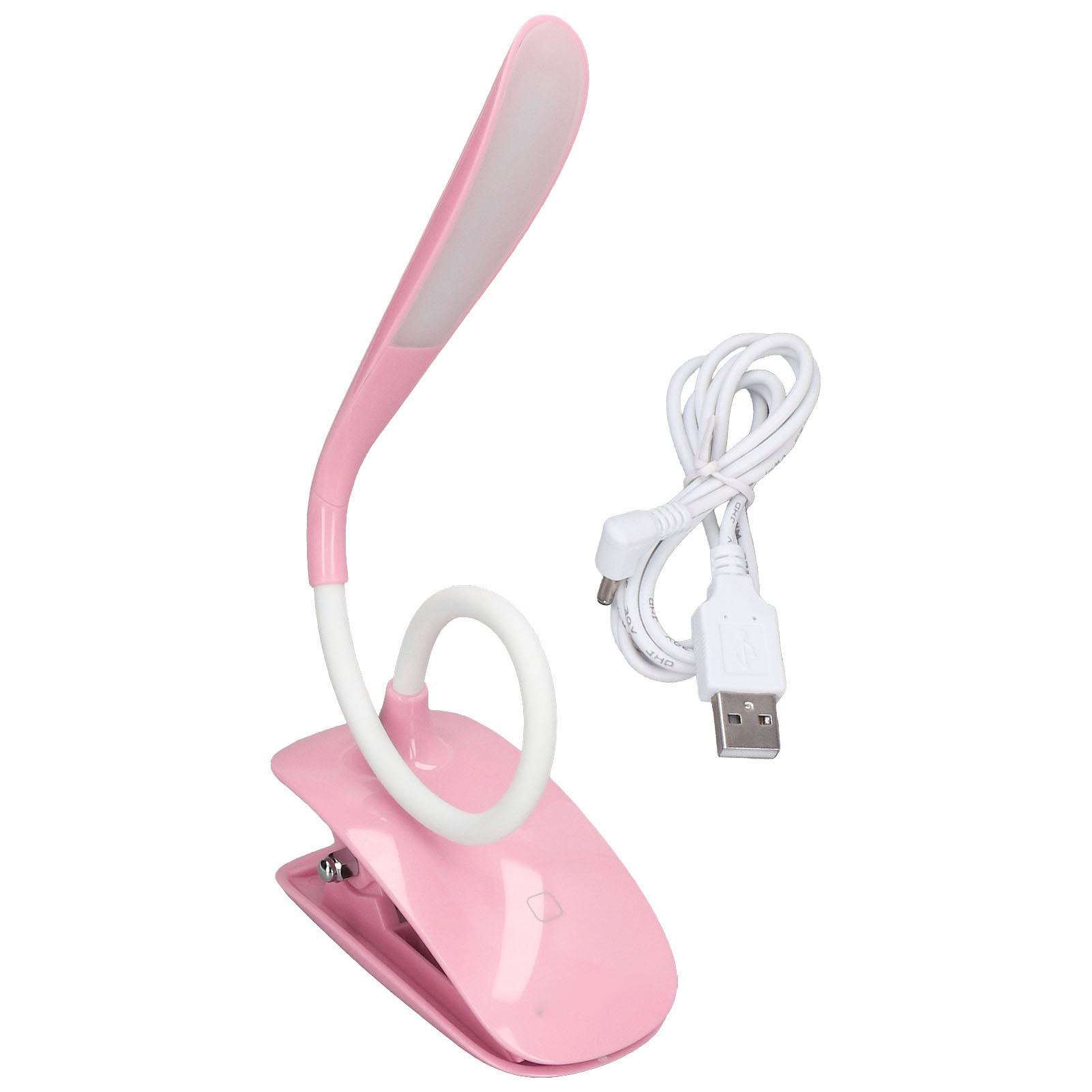 Rosa Klemm-Schreibtischlampe mit flexiblem Hals und USB-Kabel.