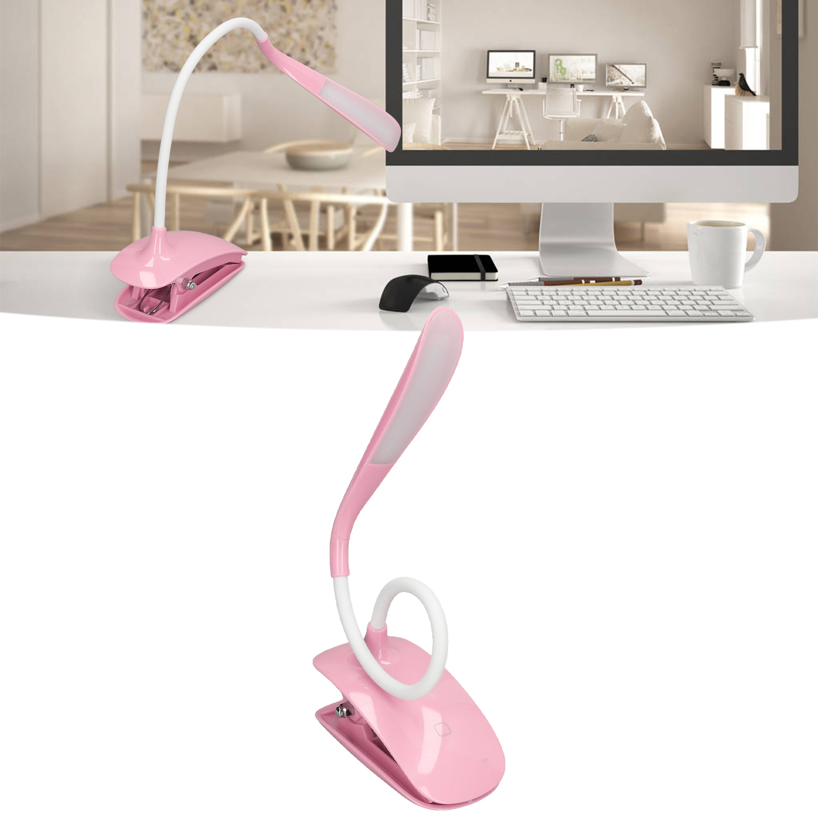 Rosa Schreibtischlampe mit flexiblem Hals. Sie steht auf einem weißen Schreibtisch. Im Hintergrund ein Computermonitor.