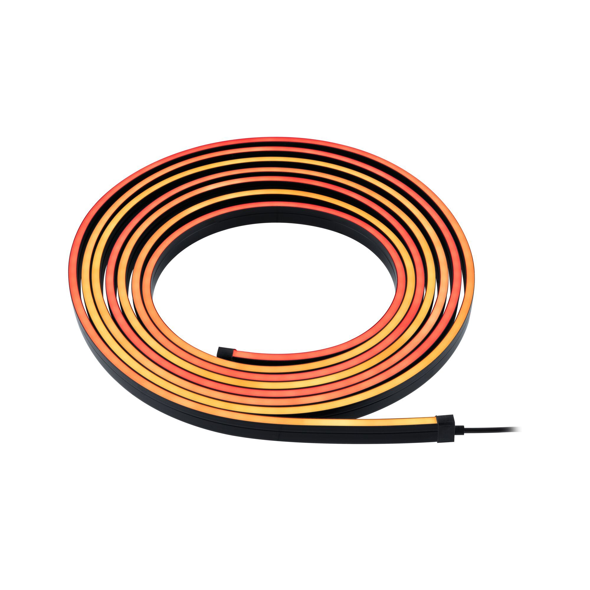Eine aufgerollte, orange und gelbe LED-Leiste, schwarz an den Rändern.