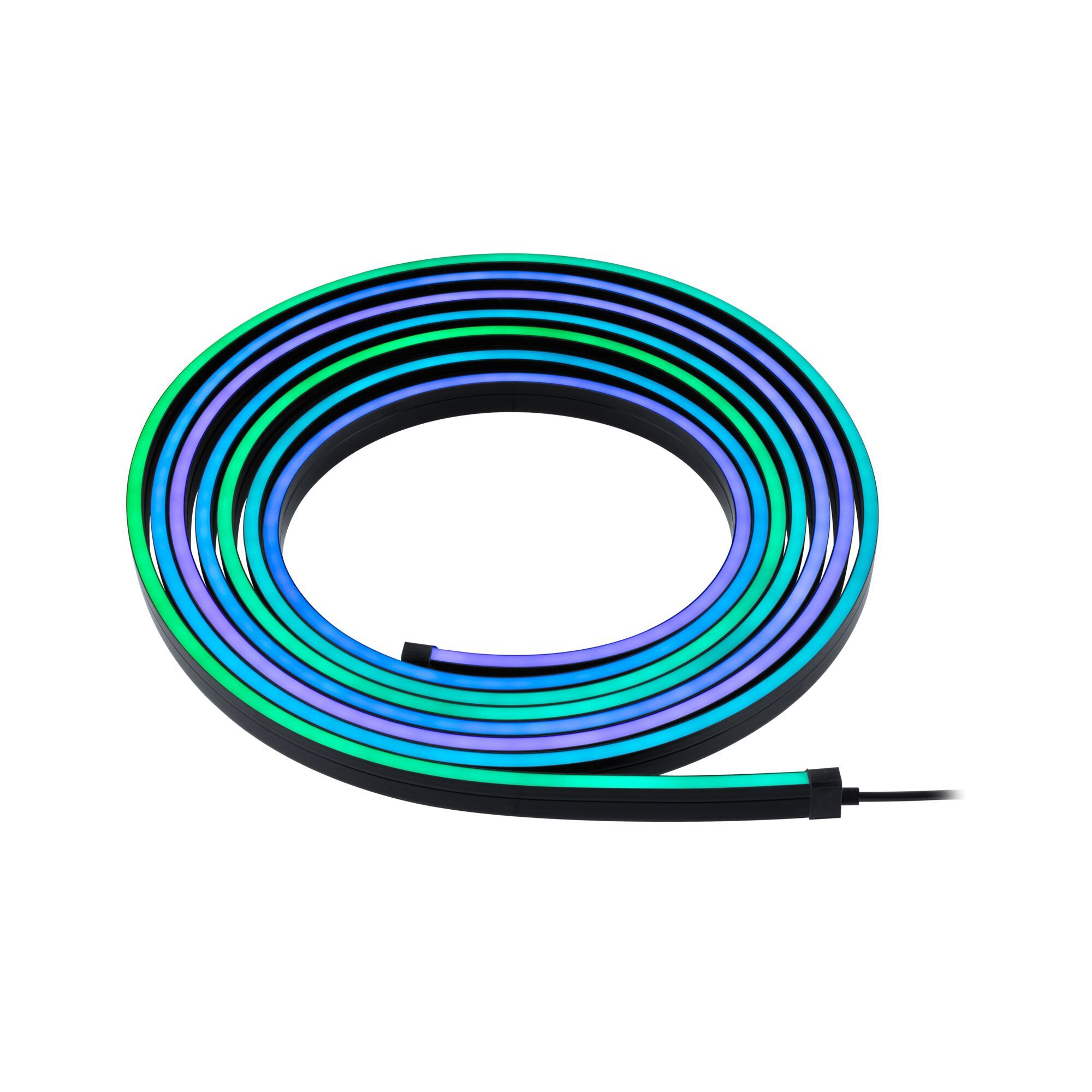 Eine aufgerollte LED-Lichtleiste. Sie hat eine schwarze Basis, und das Licht emittiert mehrere Farben.