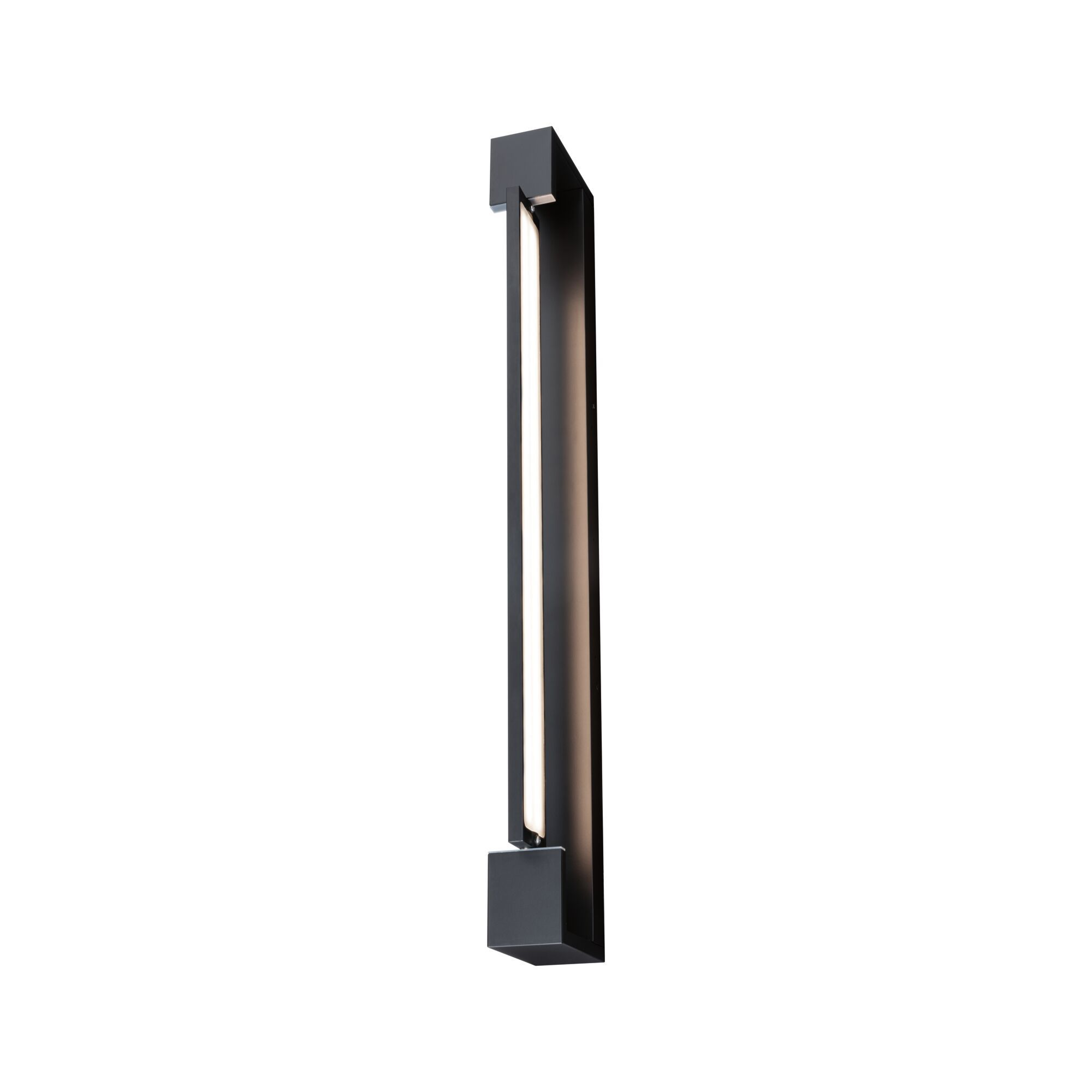 Schwarze, rechteckige Wandlampe mit vertikalem Lichtstreifen.
