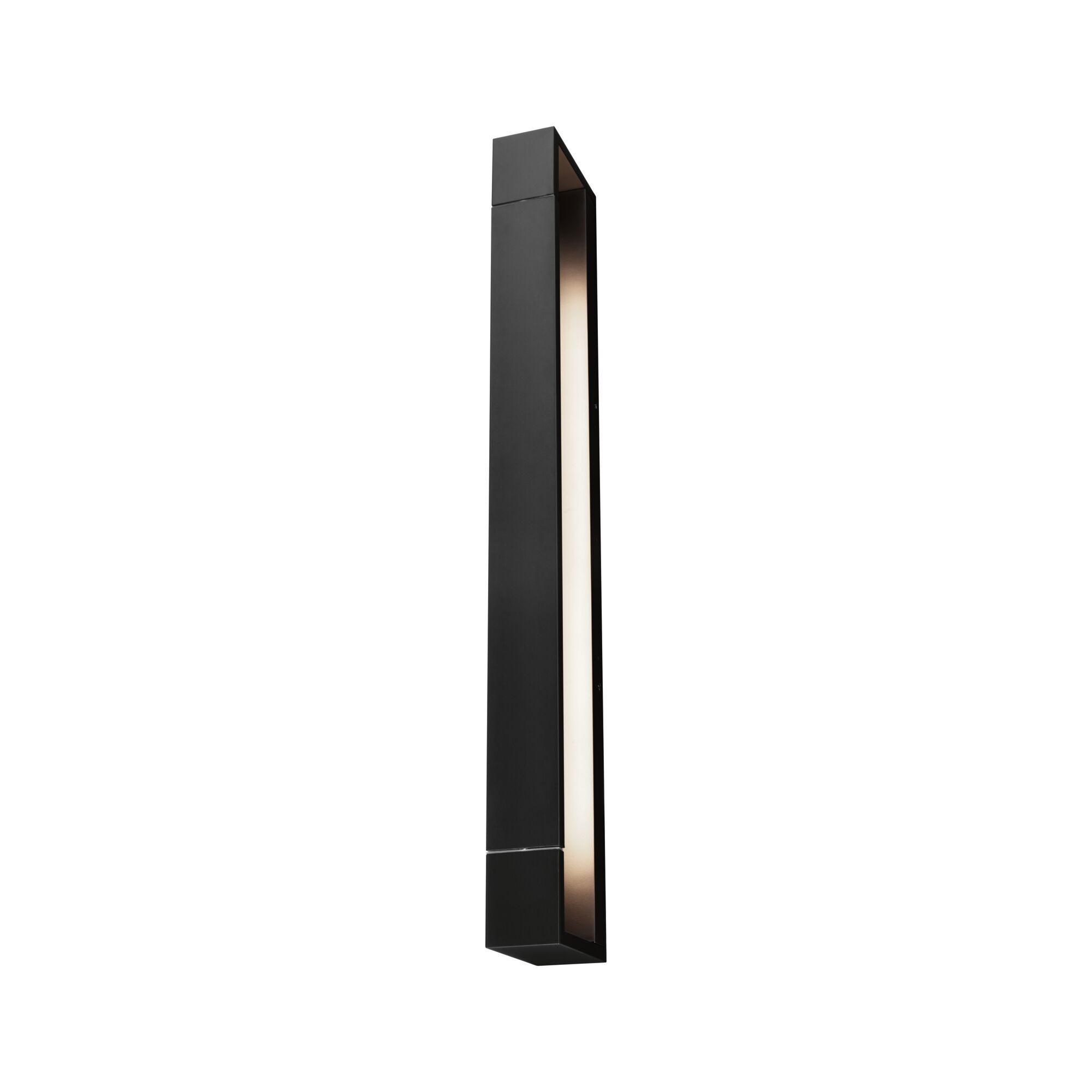 Eine schwarze, rechteckige Wandleuchte mit Lichtstreifen, die ein klares, minimalistisches Design zeigt.