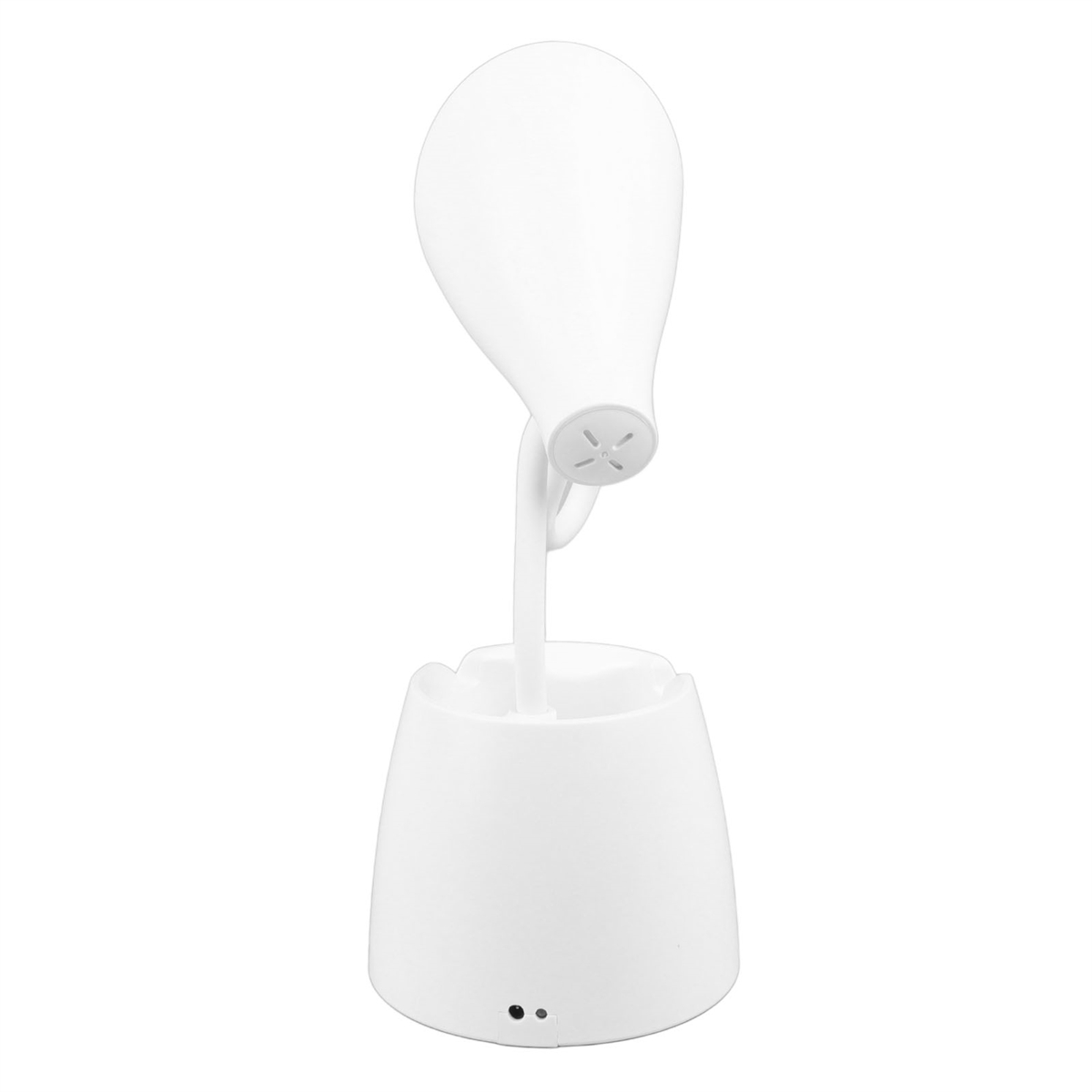 Weiße Schreibtischlampe mit gebogenem Stiel und bauchiger Oberseite auf weißer Basis.