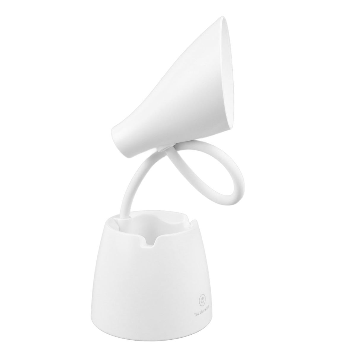 Weiße Schreibtischlampe mit flexiblem Hals und Touch-Schalter. Die Lampe ist an.