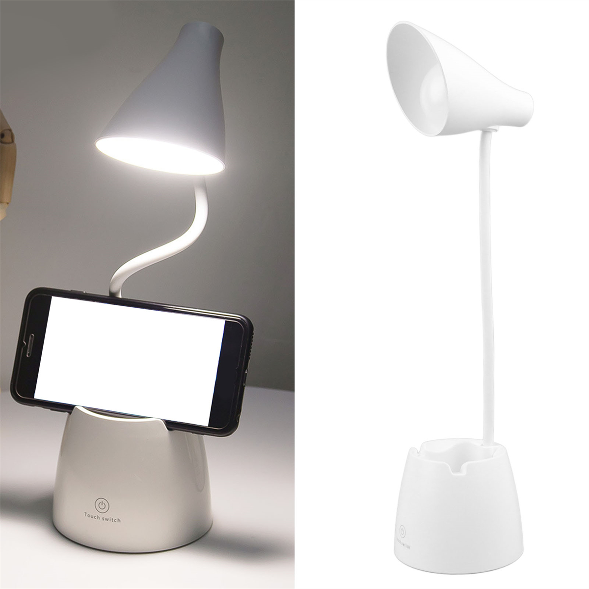 Schreibtischlampe mit Telefonhalter. Telefon auf dem Halter. Weißer Sockel und graue Lampe.