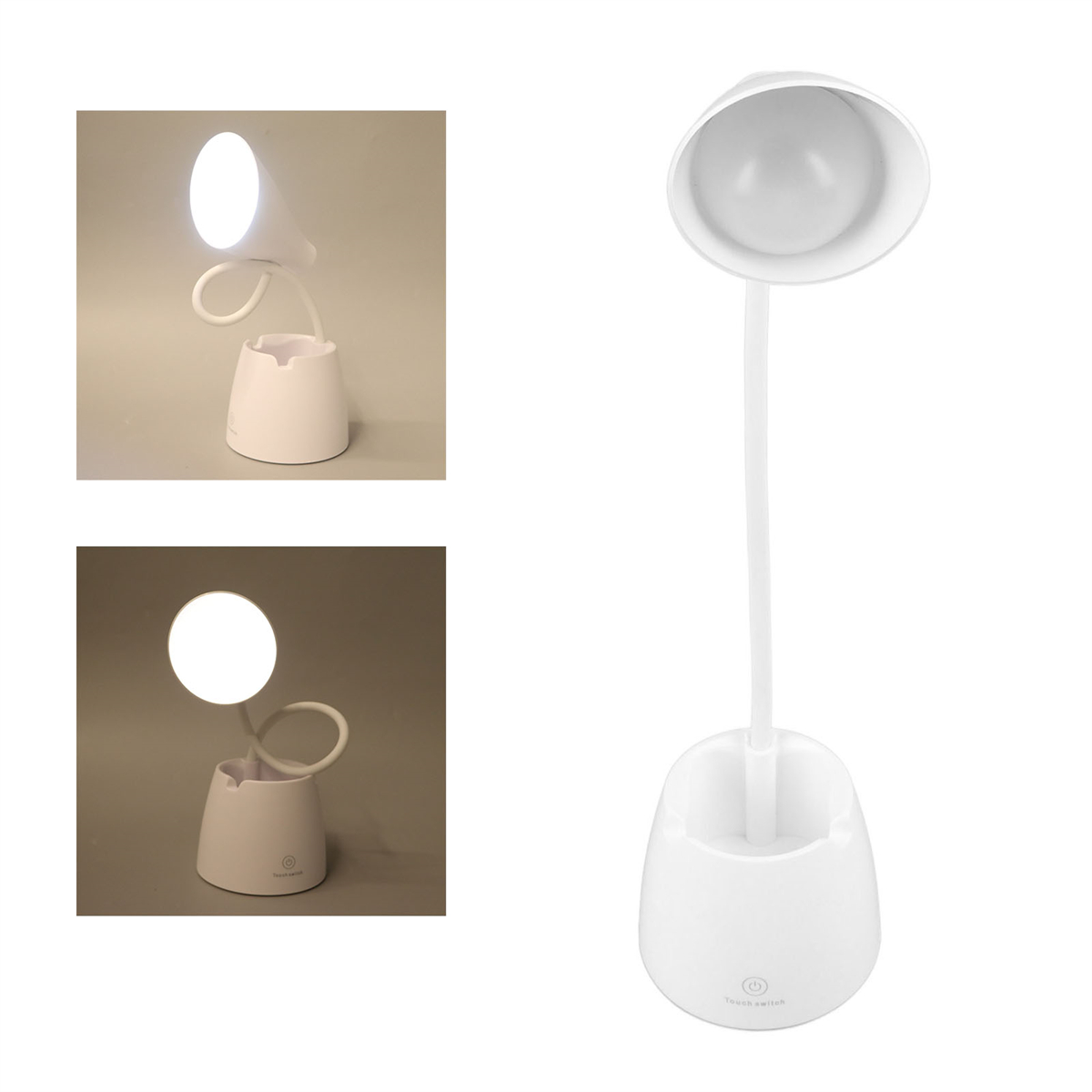 Zwei weiße Lampen werden gezeigt. Eine hat einen Stifthalterfuß, die andere einen gebogenen Arm mit Licht.