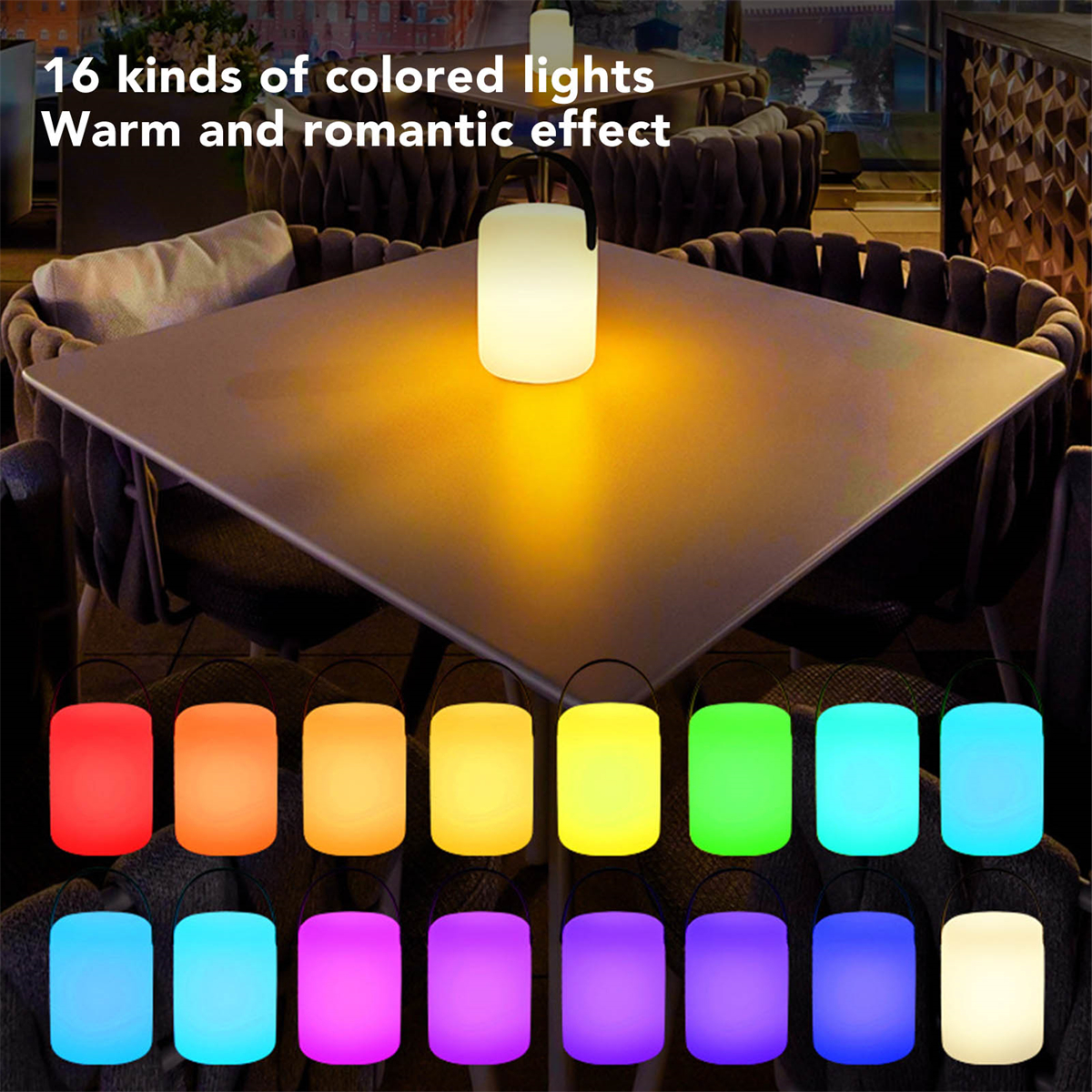 Ein Tisch mit einer Lampe, die 16 farbige Lichter aussendet, verschiedene Farben darunter.